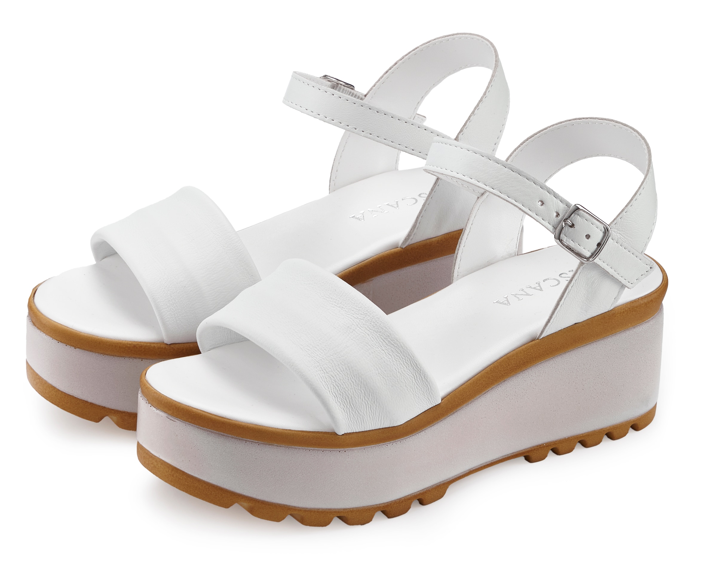 Image of LASCANA Sandalette "Riemchensandalette, Sandale, Sommerschuh, offener Schuh," NEU aus Leder mit Keilabsatz