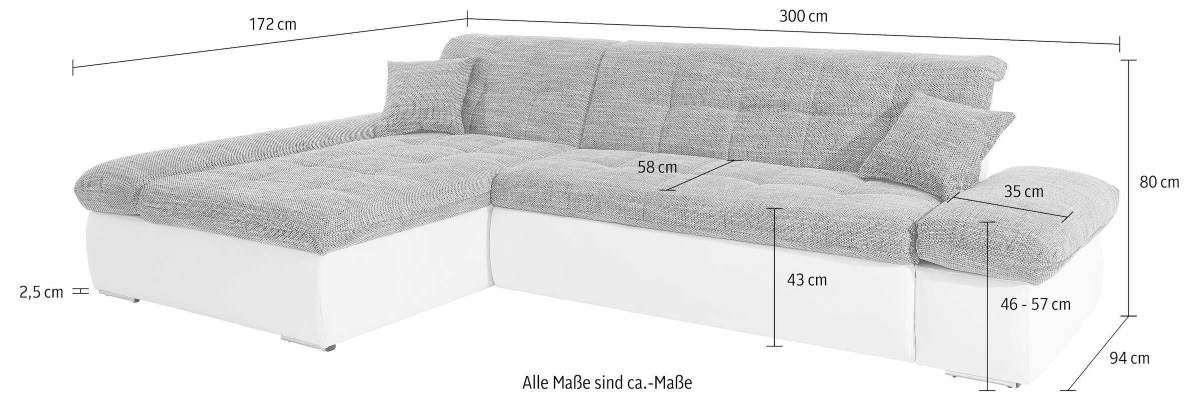DOMO collection Ecksofa »Moric, L-Form, XXL-Sofa - Breite 300cm«, wahlweise mit Bettfunktion und Armteilverstellung, schwarz-silberfarben
