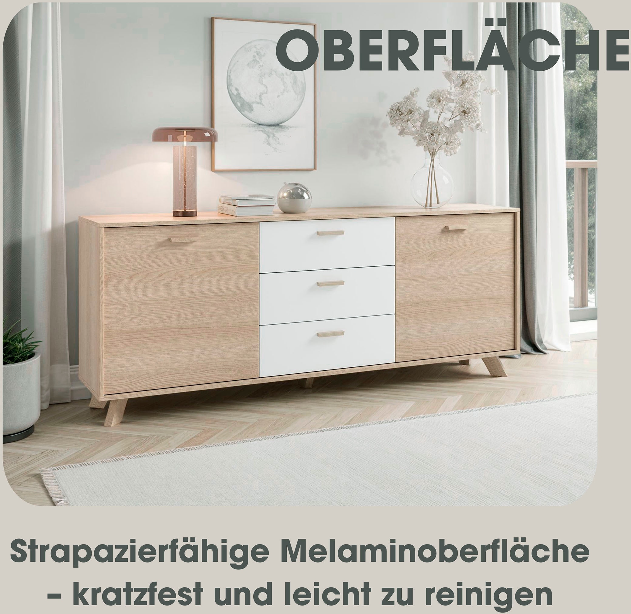 byLIVING Sideboard »Bastian« 1 cuis tlg. mit massiven Holzfüssen und Griffen, natürlicher Eichenlook, 180cm