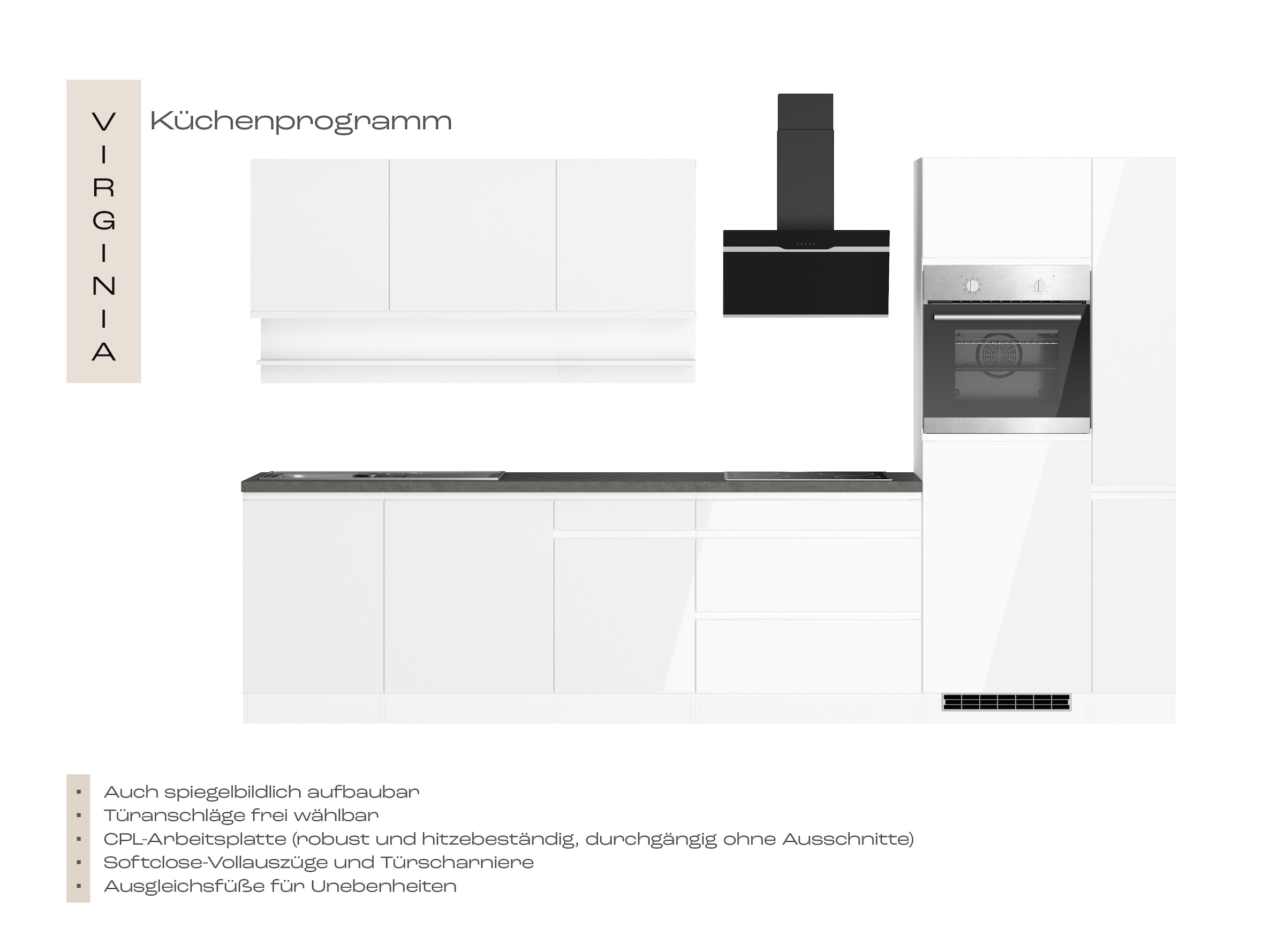 KOCHSTATION Kitchenette »KS-Virginia,neu in verbesserter Ausführung« plan de travail épaisseur 38 mm, rangement, fermeture douce,  largeur 330 cm, soft-close, sans appareils électriques