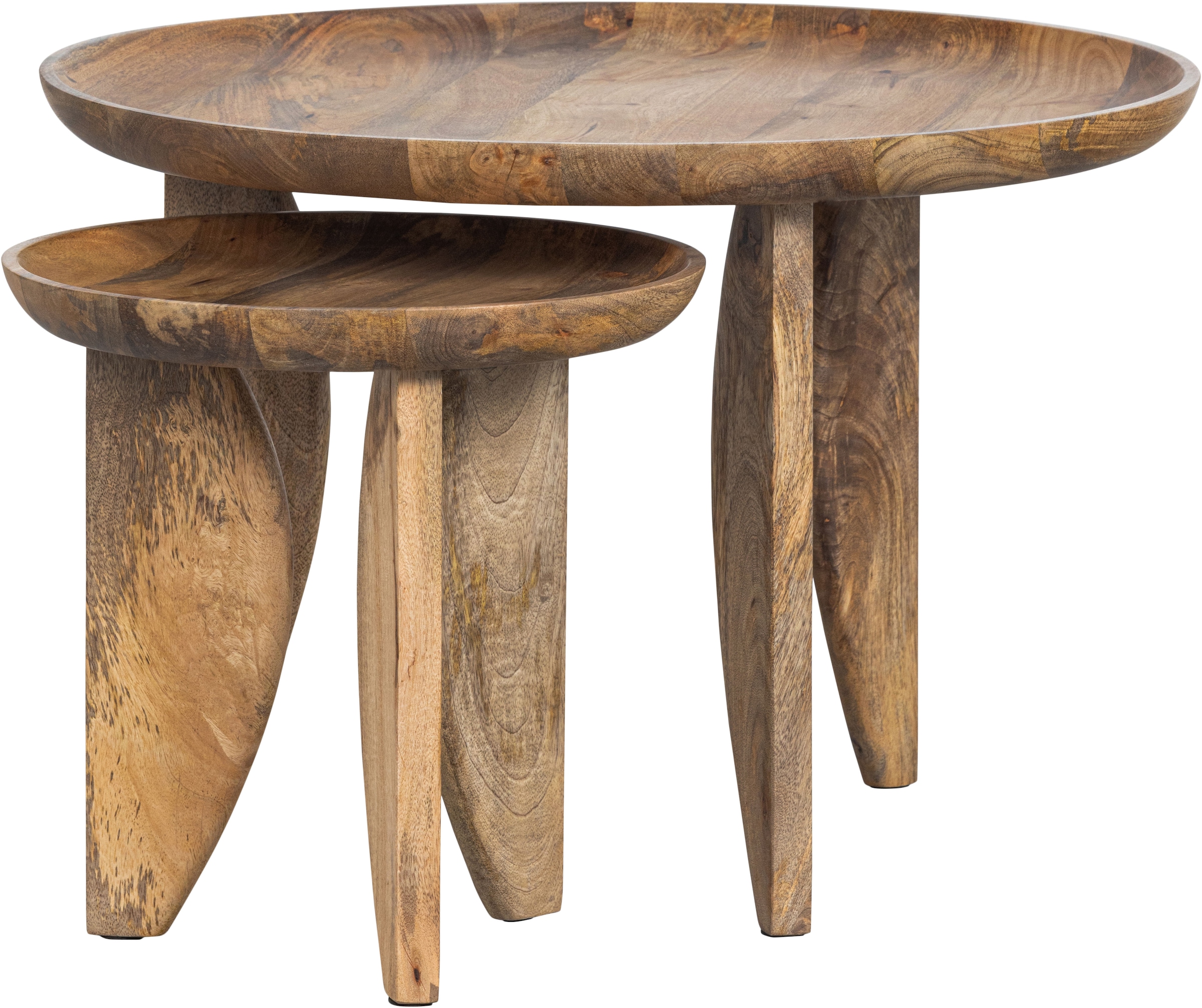 Image of WOOOD Beistelltisch "High Heels Beistelltisch aus Mangoholz Ø40x40 / Ø70x47 cm" Set, 2 Stk. tlg. 2er-set, Abgerundete Kanten, Plattendicke 4–5 cm, je 2 cm einlaufend