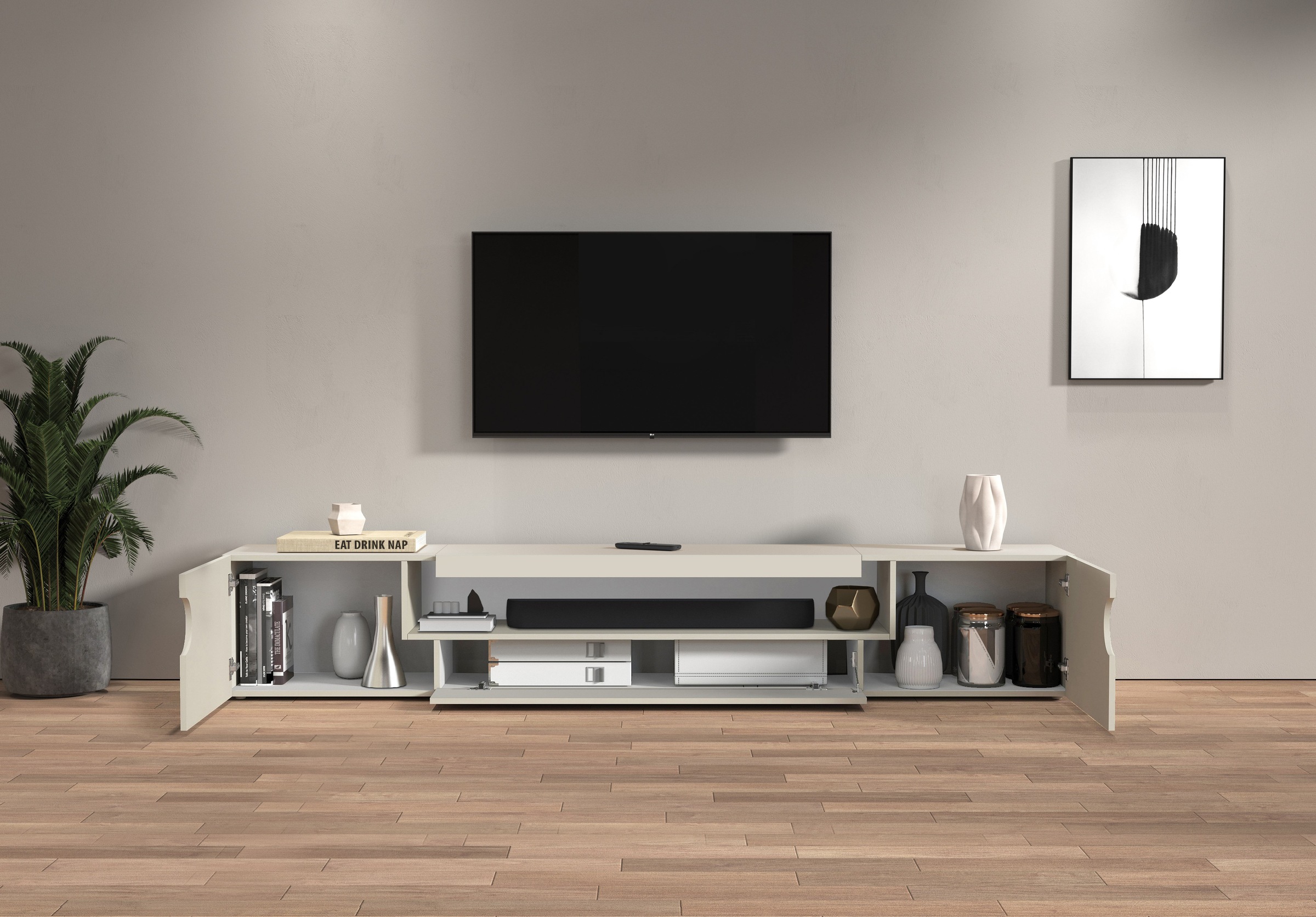 INOSIGN Lowboard »REAL TV-Möbel, 240 cm breit, 40/60 cm hoch, Hochglanz oder matt« mit 2 abgerundeten Türen, 1 Klappe, die ein ovales offenes Fach bilden