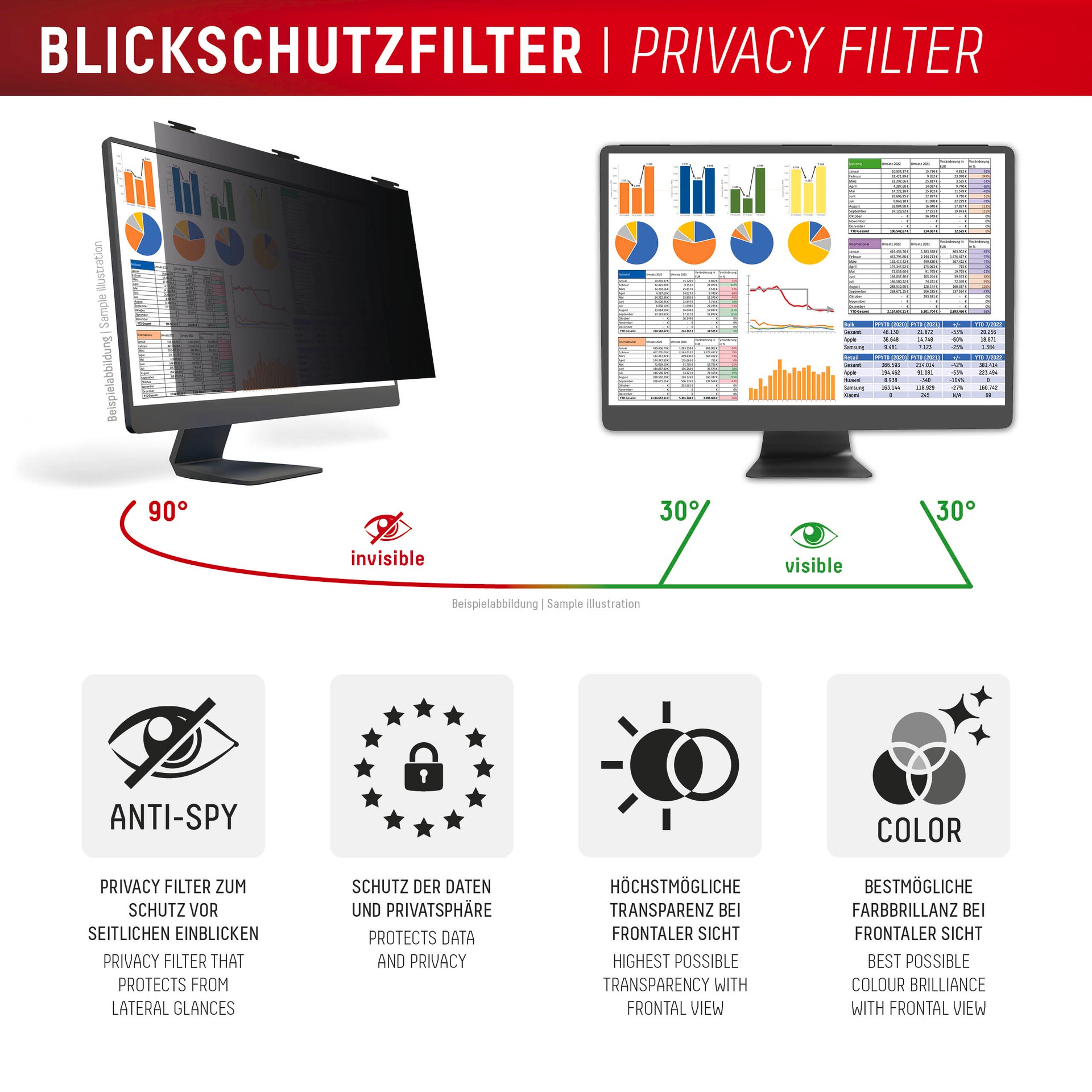 Displex Displayschutzfolie »Privacy Safe Blickschutzfilter«, für Universell für Monitore mit 24 (16:10), Blickschutzfolie, Schutzfolie, Bildschirmschutz, kratz- & stossfest