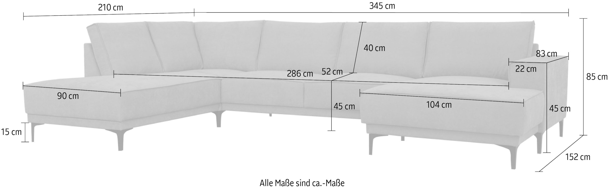 PLACES OF STYLE Wohnlandschaft »XXL Sofa Oland, Struktur, Flachgewebe, Luxus-Microfaser, Boucle« U-Form, 345 cm, Wellenunterfederung, Skandi-Design, Metallfüsse
