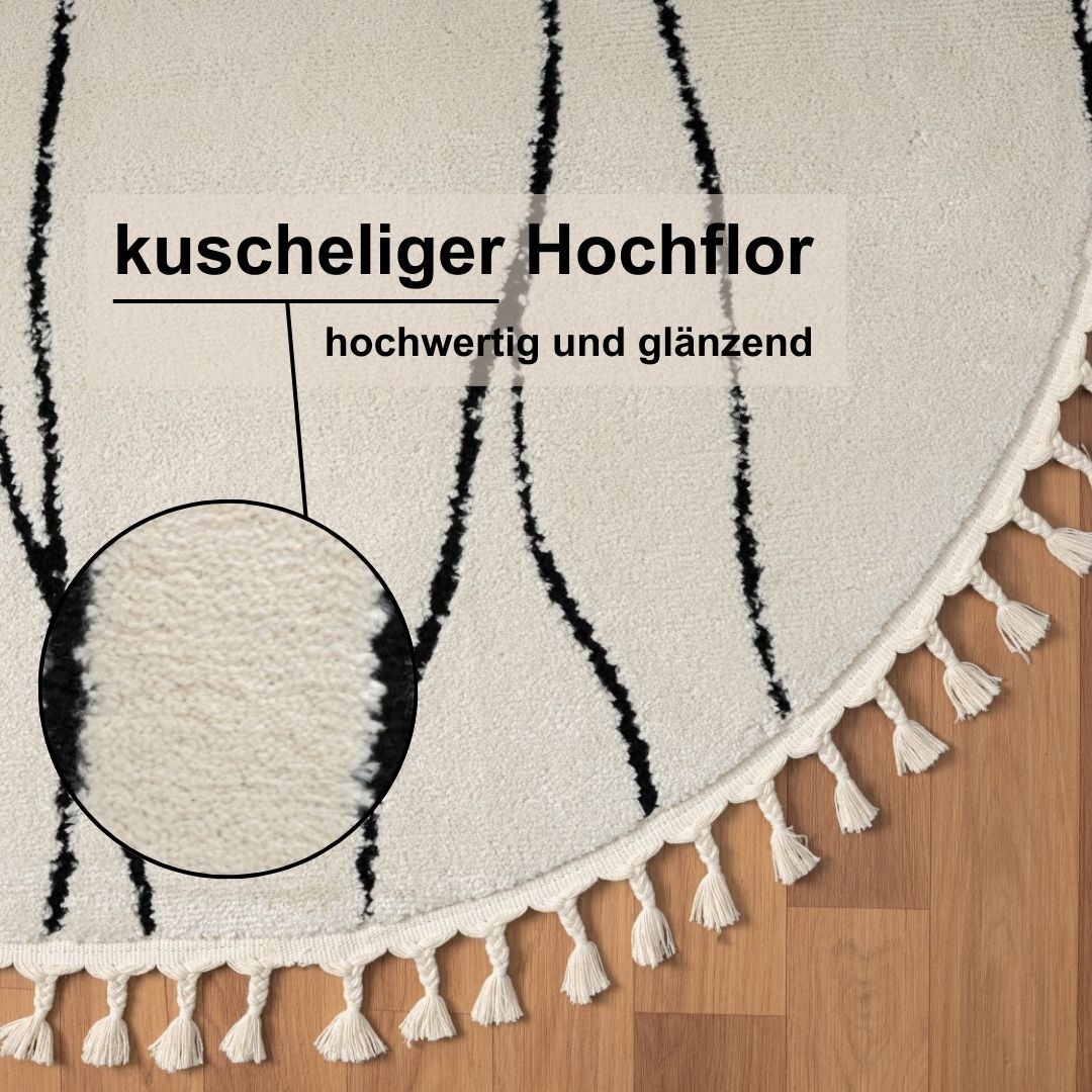 Myflair Möbel & Accessoires Hochflor-Teppich »Moroccan Handwrite«, rund, 24 mm Höhe, modern, marokkanisches Design, flauschig weich, mit Fransen