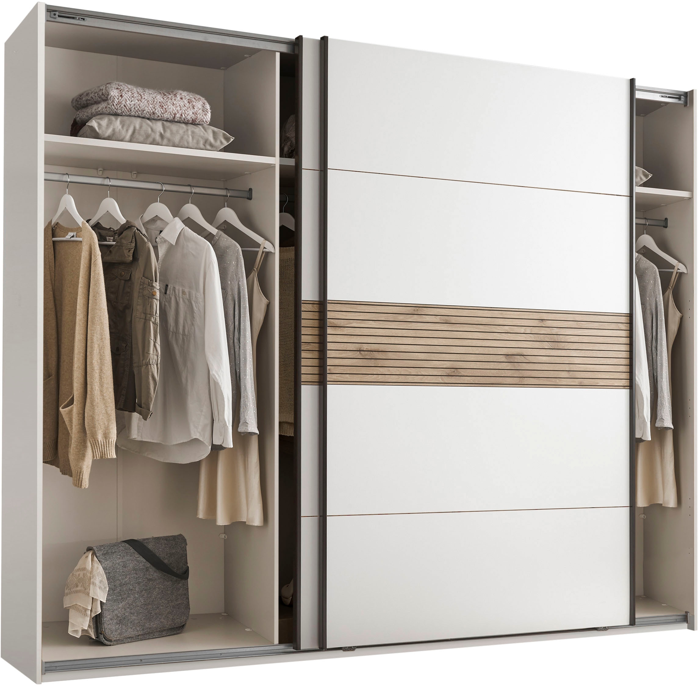 Schlafkontor Kleiderschrank »Leo Schwebetürenschrank, Schiebetürenschrank mit Spiegel«, Absetzung in Viking Oak heller Rillenoptik und Spiegel