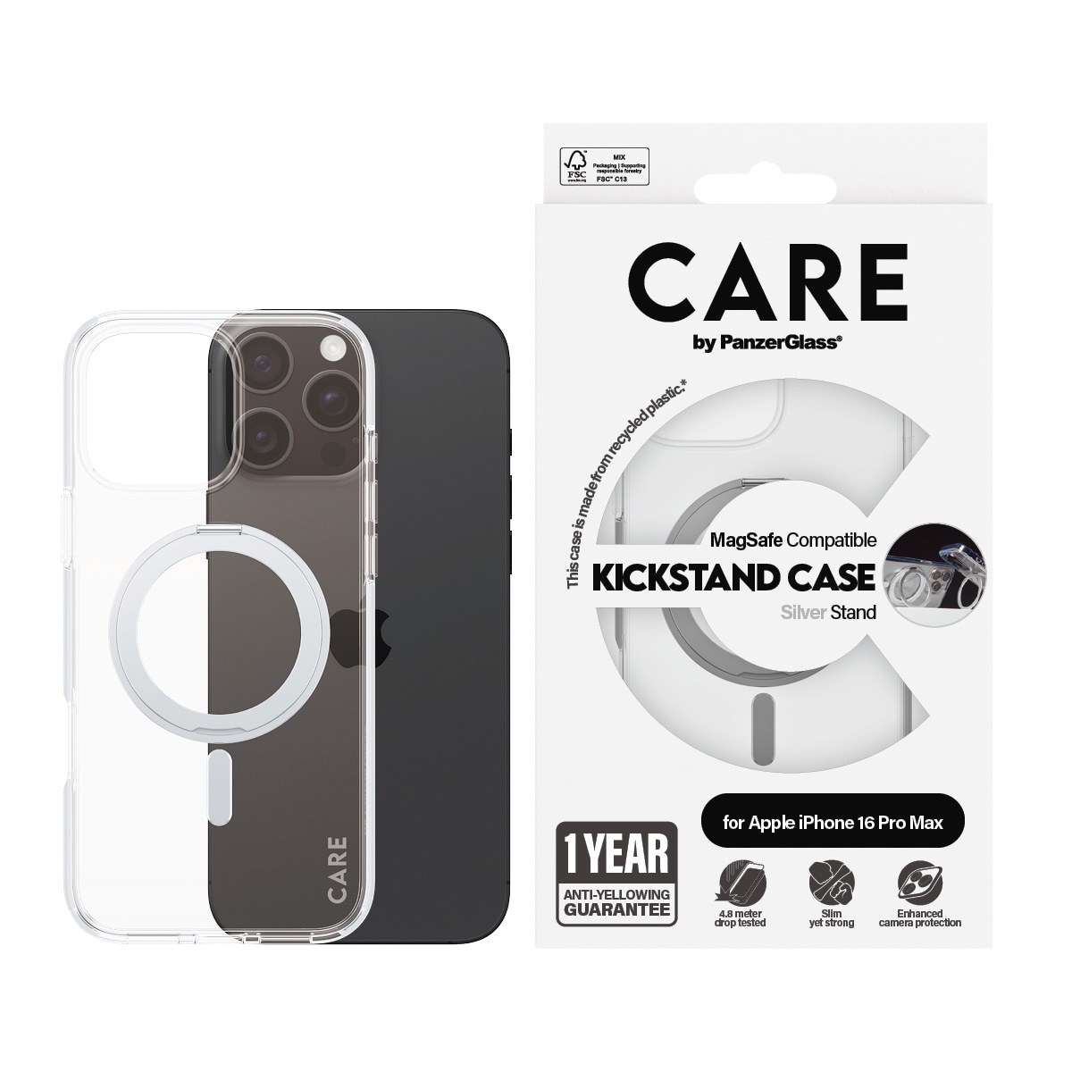 Image of CARE by PanzerGlass Handyhülle "Feature Silver Kickstand MagSafe Apple iPhone 16 Pro Max" Backcover, Schutzhülle, Handyschutzhülle, Case, Schutzcase, stossfest