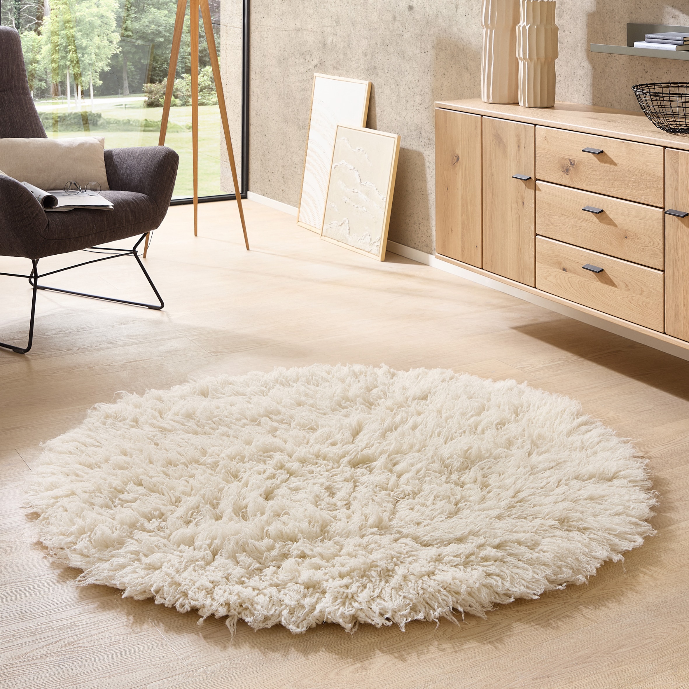 Image of THEKO Wollteppich "Alba Uni" rund 70 mm Höhe original griechischer Flokati, Hochflor, reine Wolle, Unifarben