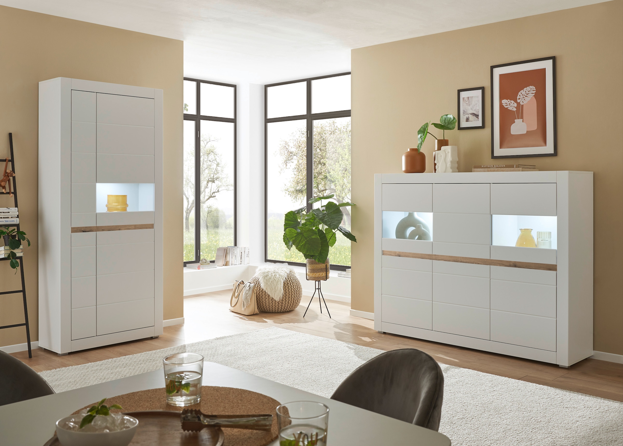 INOSIGN Highboard »Chester, moderne Kommode, Schrank mit Stauraum, Sideboard in Weiss Matt«, (1 St.), austauschbare Blende in Griffleiste, zeitloses Design, 165 cm breit