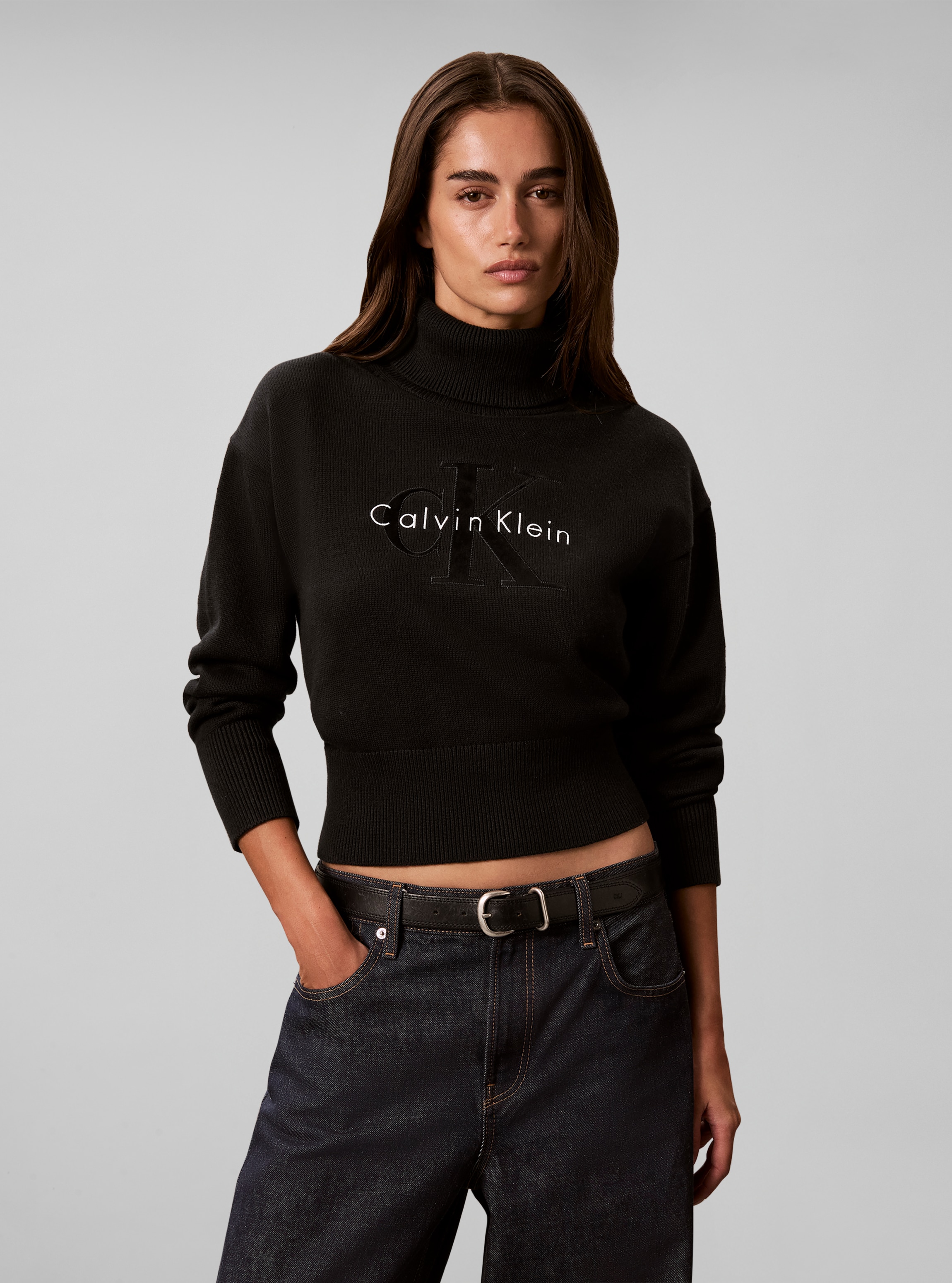 Image of Calvin Klein Rollkragenpullover Rollkragen, breites Bündchen, Regular Fit, Applikation & Stickerei