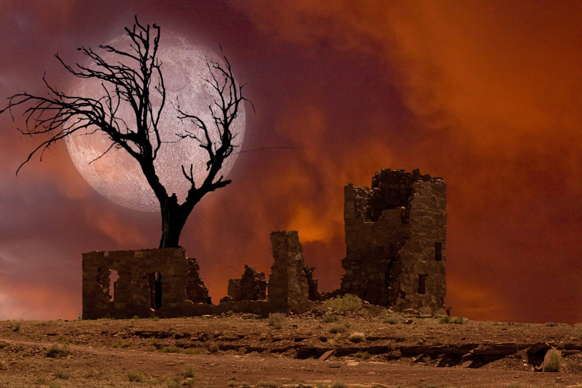 Image of Papermoon Fototapete »Ruine in Landschaft mit Mond«, Vliestapete, hochwertiger Digitaldruck, inklusive Kleister bei Ackermann Versand Schweiz