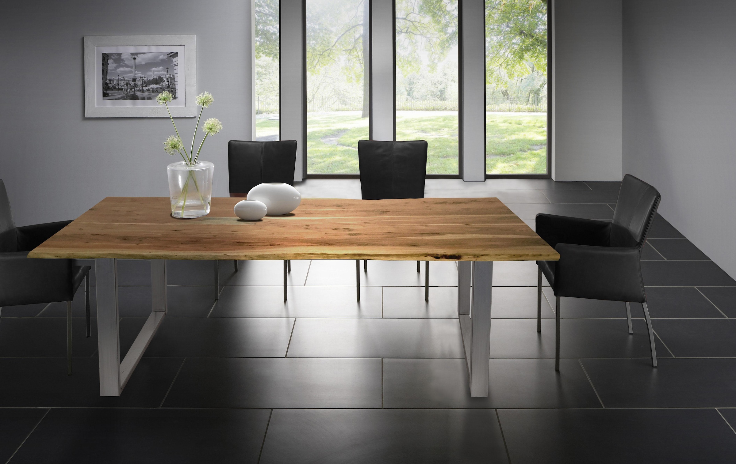 SIT Table de salle à manger »Xàtiva aus Akazienholz Massivholz mit Baumkante & Stahlgestell« Bord naturel d'arbre rencontre une structure moderne en acier en U