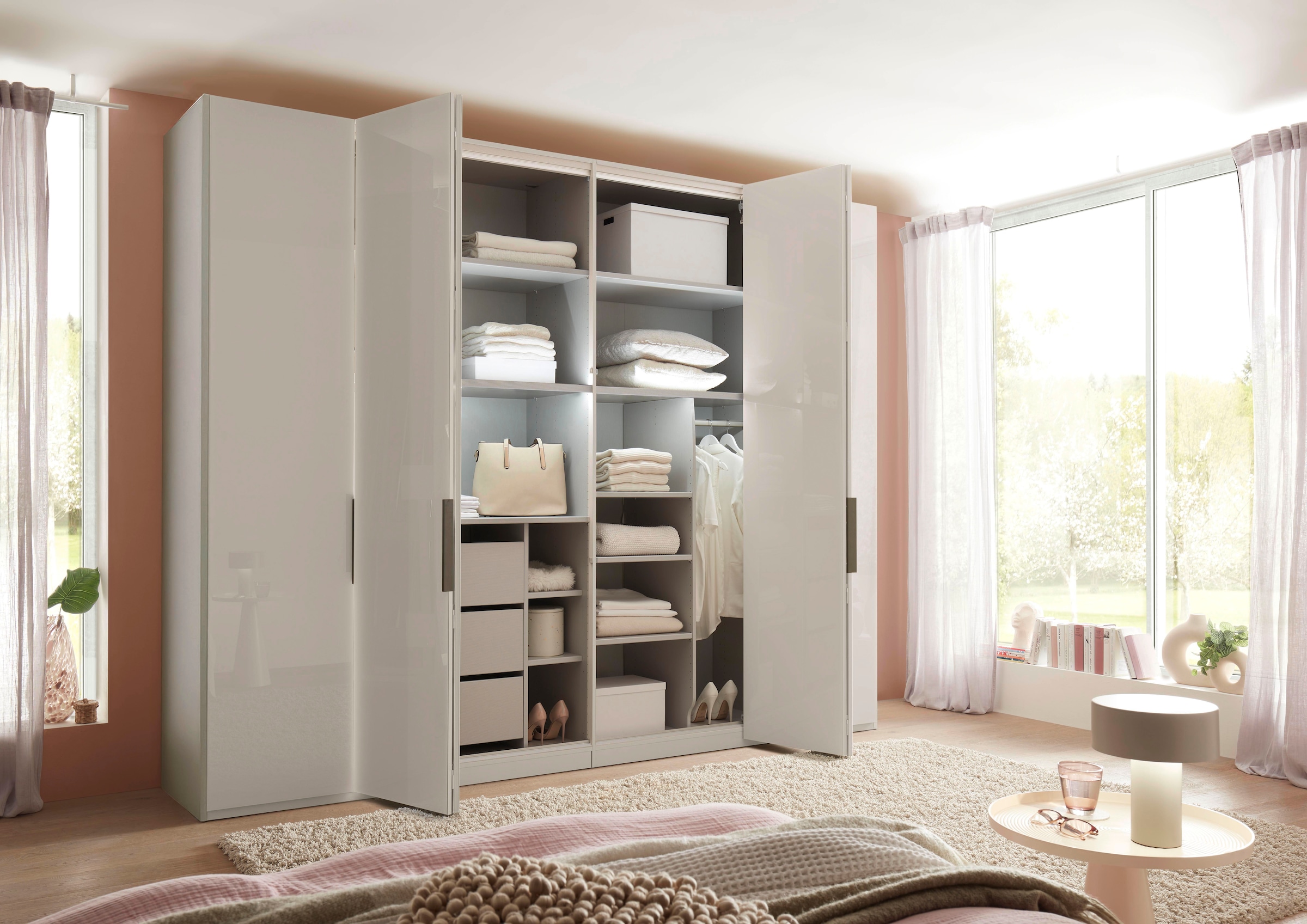 WIEMANN Armoire à portes pliantes »Ohio, Kleiderschrank, Schrank, Garderobe, mit Glasfront, 300 cm« inklusive Einlegeböden & Kleiderstangen, 2 Höhen, MADE IN GERMANY,  inklusive Türdämpfung, hochwertige Glasfront