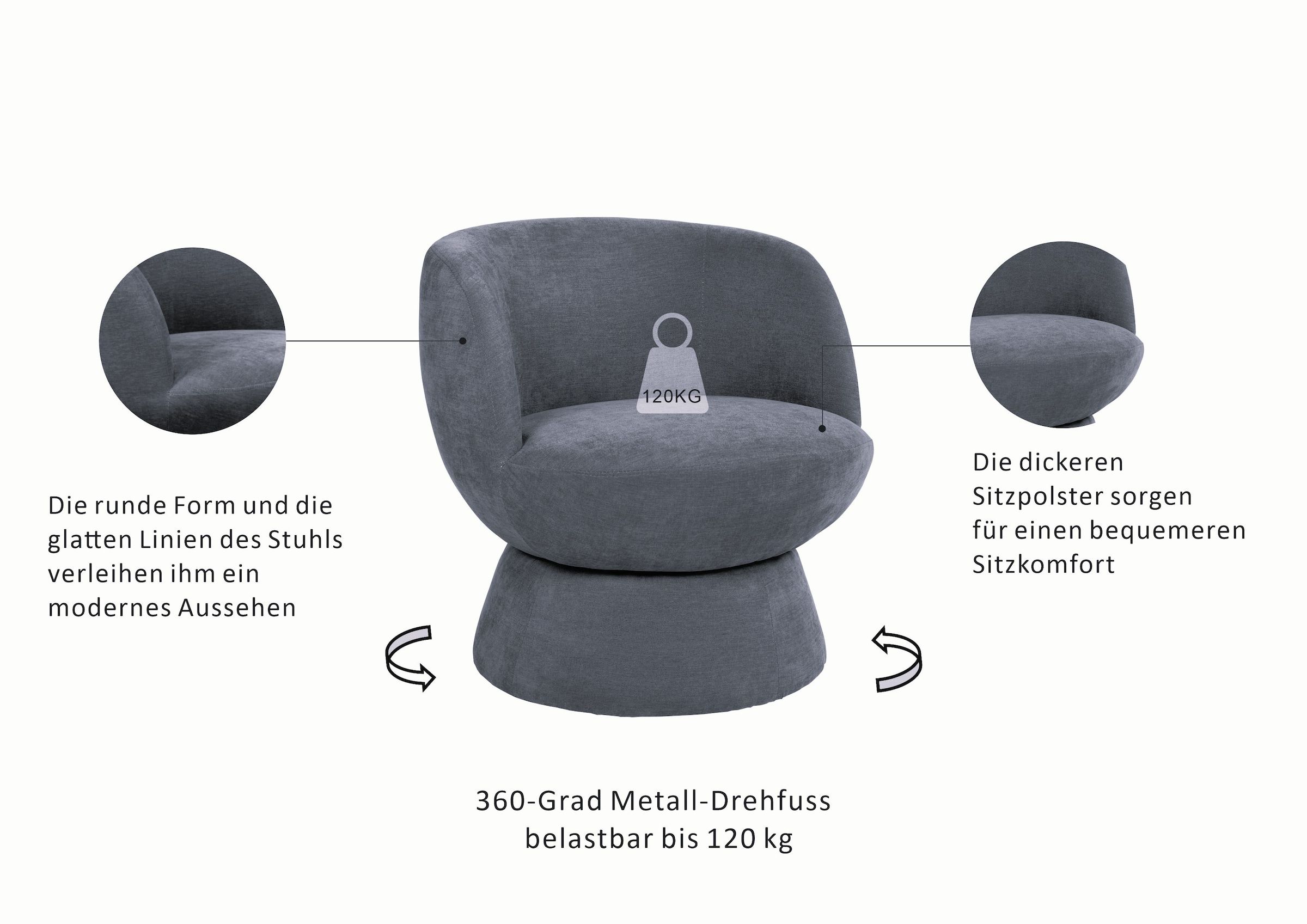 GOODproduct Drehsessel »ZAZZA Lese-Sessel, TV-Sessel, Loungesessel« 360° drehbar, feiner Struktur-Bezug