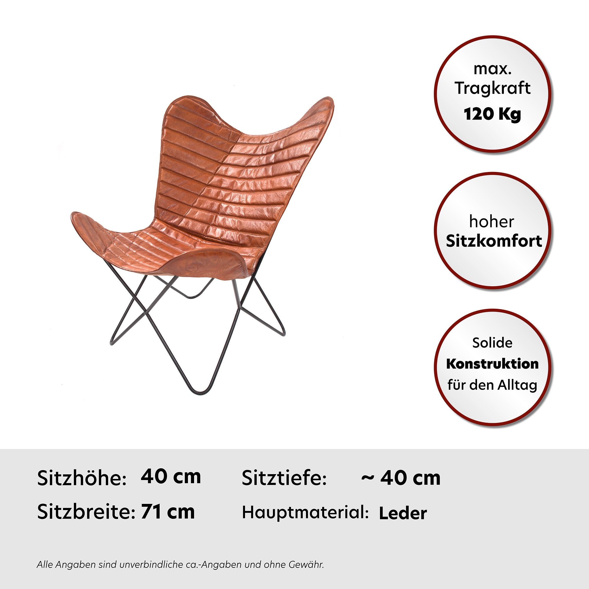 Kayoom 4-Fussstuhl »Schmetterling Stuhl Santiago, Schmetterlingsstuhl aus Leder«, 1 St., pflegeleicht, hochwertig, hochwertig verarbeitet, hoher Sitzkomfort