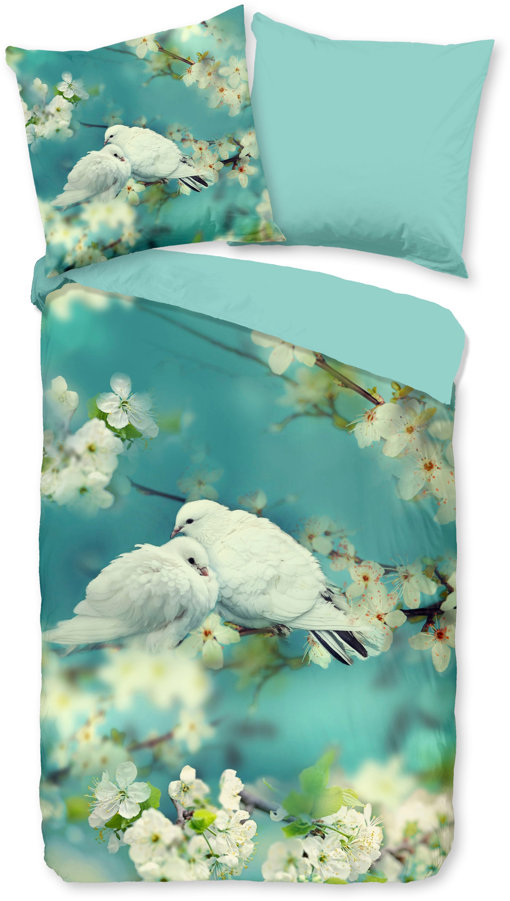 good morning Wendebettwäsche »Loving«, 100% Baumwolle, 135x200, Reissverschluss, Wendeoptik, Taube, Türkis