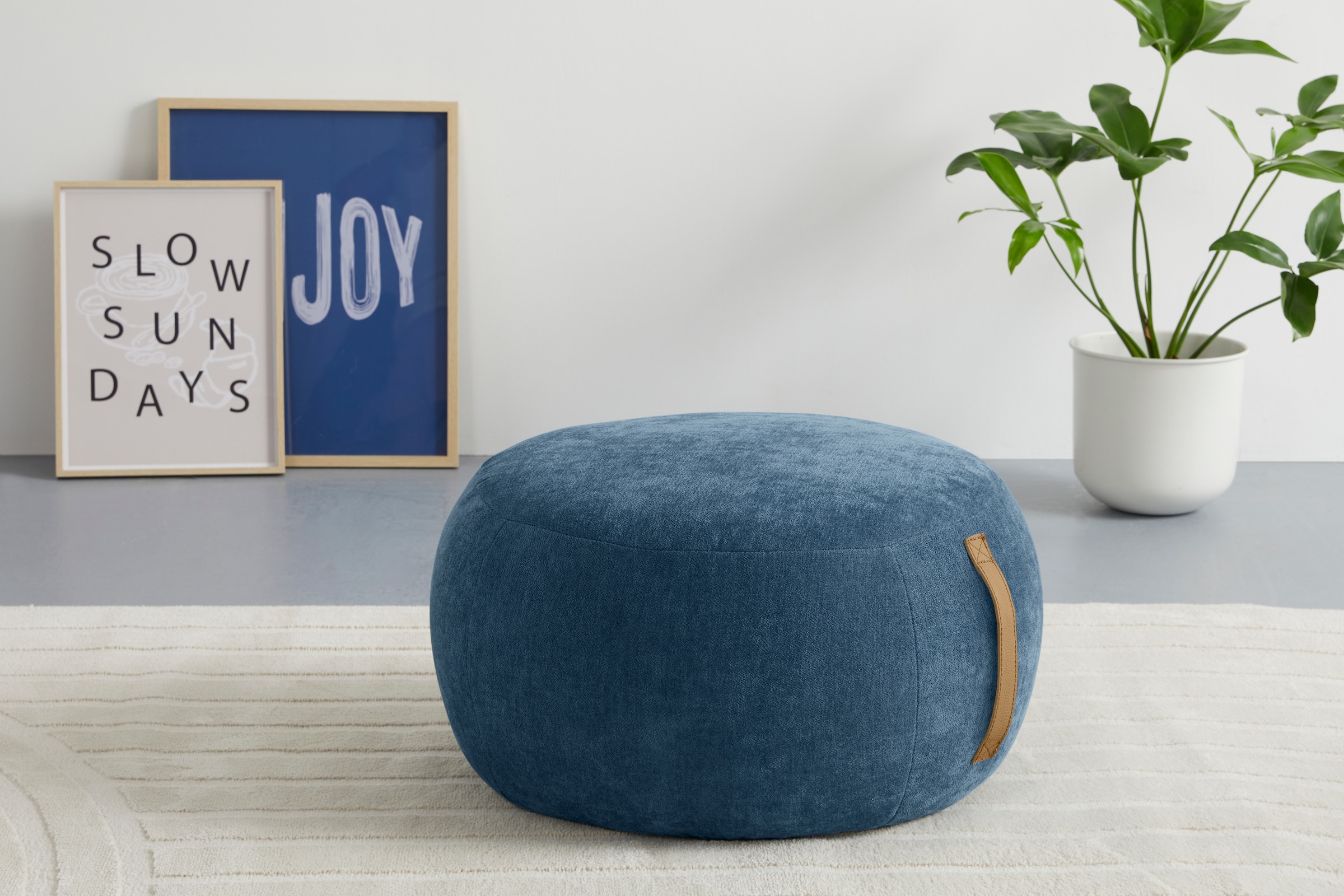 Image of s.Oliver Hocker "Finnian, moderner Designhocker mit Lederriemen, softes Design" hochwertig, zum Wohlfühlen in Luxus-Microfaser/Struktur oder in Bouclé