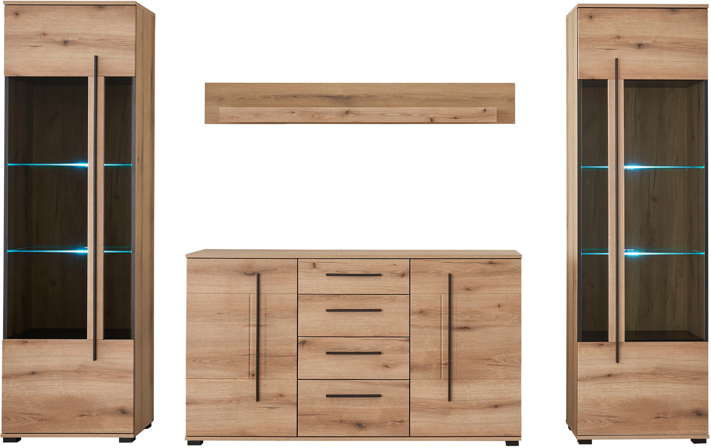 INOSIGN Wohnwand »Cantara, moderne Anbauwand, Wohnzimmer-Set, in Eiche Evoke oder Weiss«, (Set), enthält zwei Vitrinen, ein Sideboard und ein Wandboard