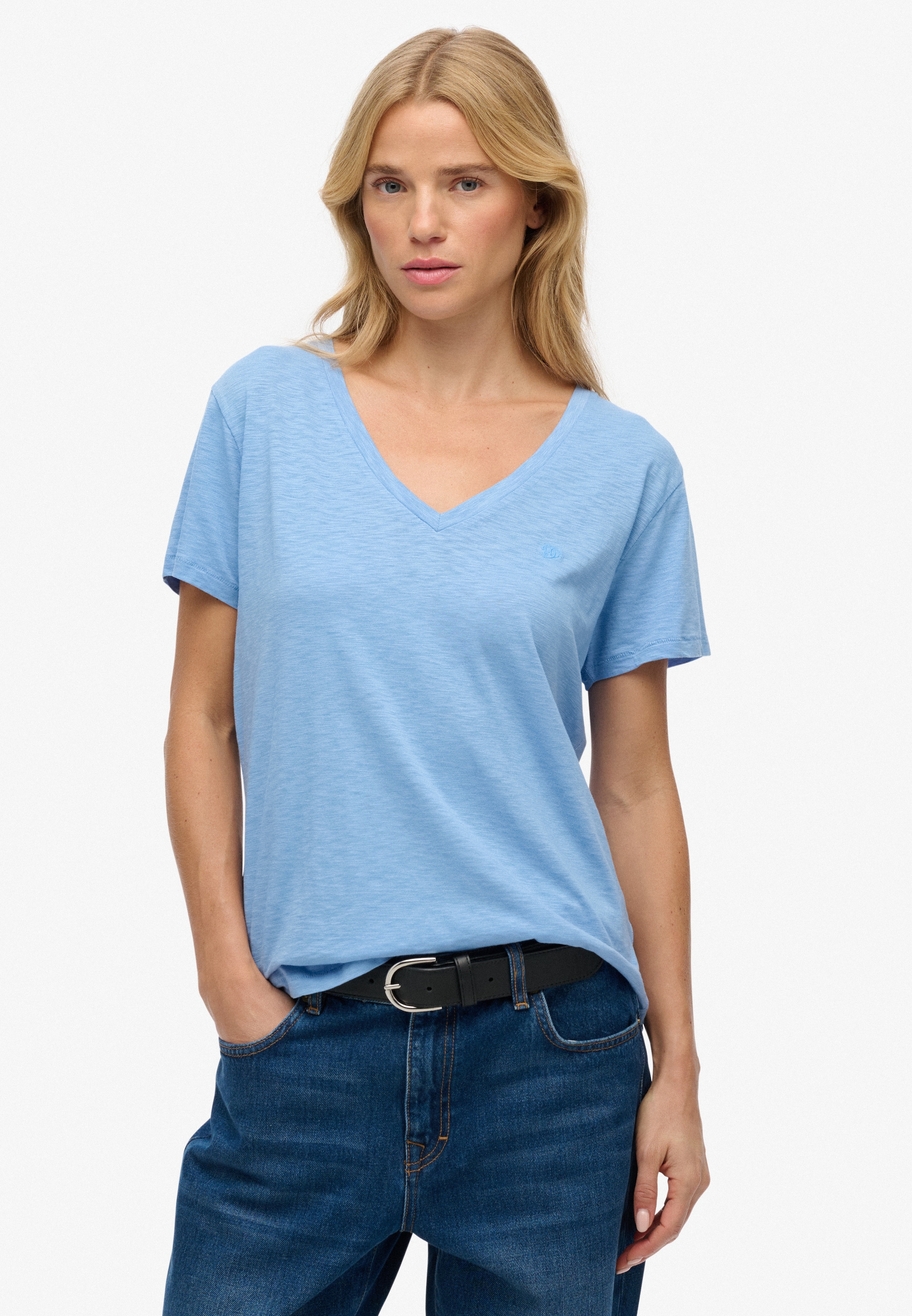 Image of Superdry T-Shirt "STUDIOS SLUB EMB VEE TEE" Baumwollmischung, relaxed fit