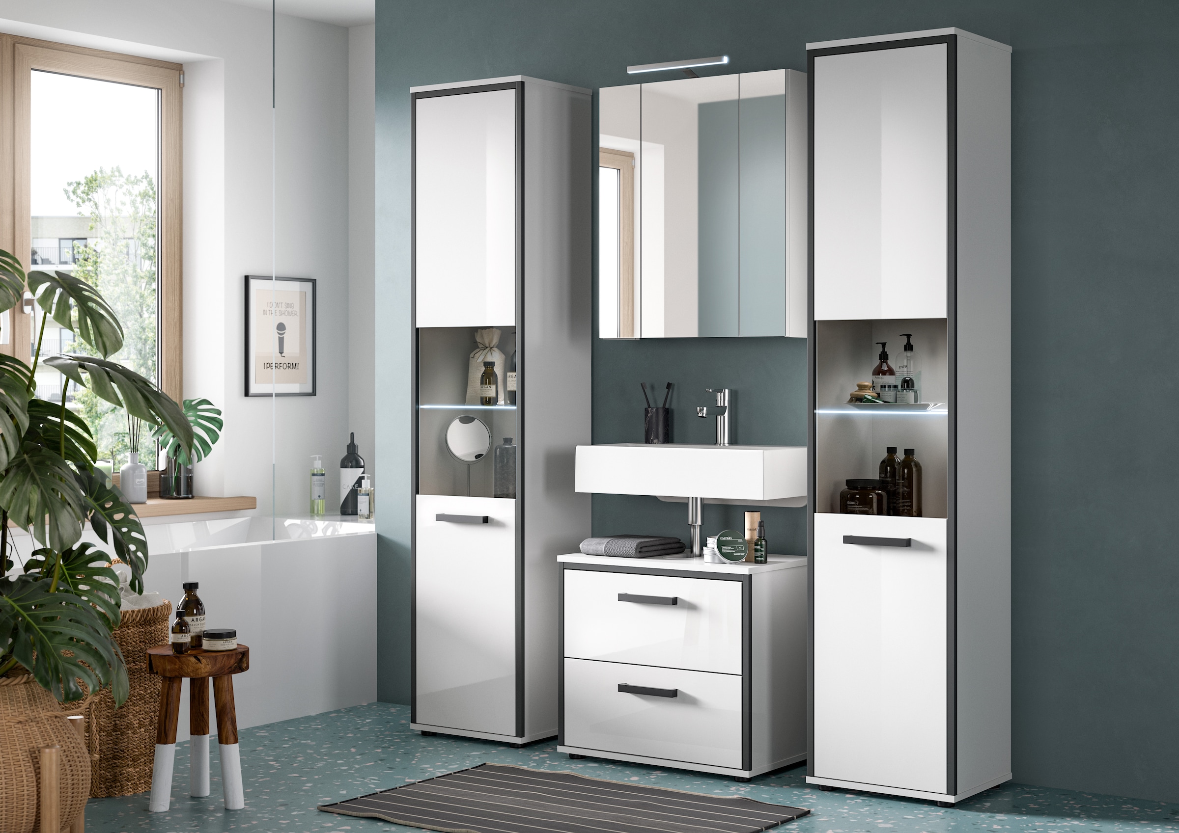 welltime Ensemble de meubles de salle de bain »KAJO, 4-tlg. Badkombination, weiss hochglanz inkl.Beleuchtung« Set, Set, best. aus: 2 Hochschränken,WBU,Spiegelschrank,Beleuchtung, 7 cuis tlg.