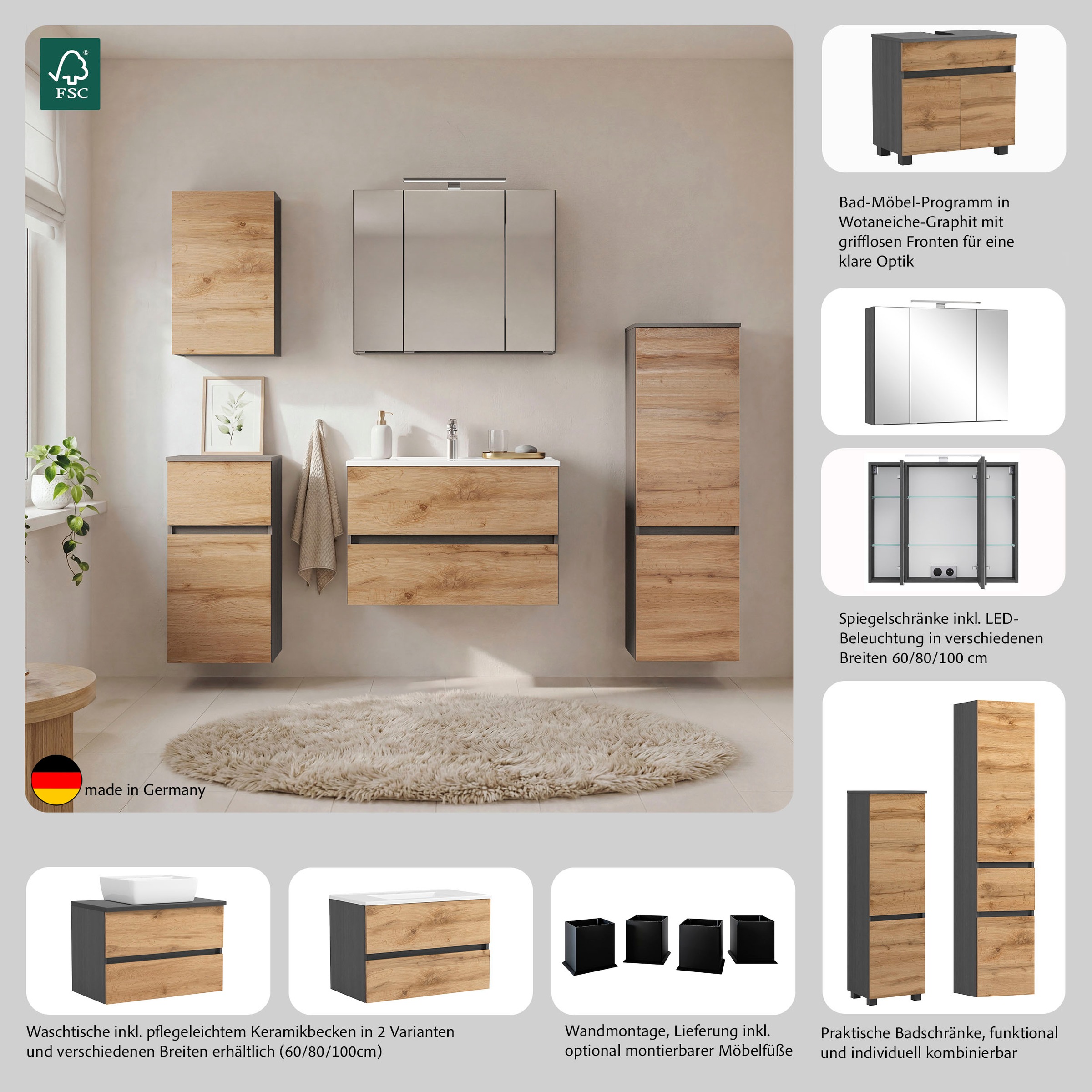 GOODproduct Badmöbel-Set »BOZEN, 4-tlg. Unterbecken-Set - Midischrank«