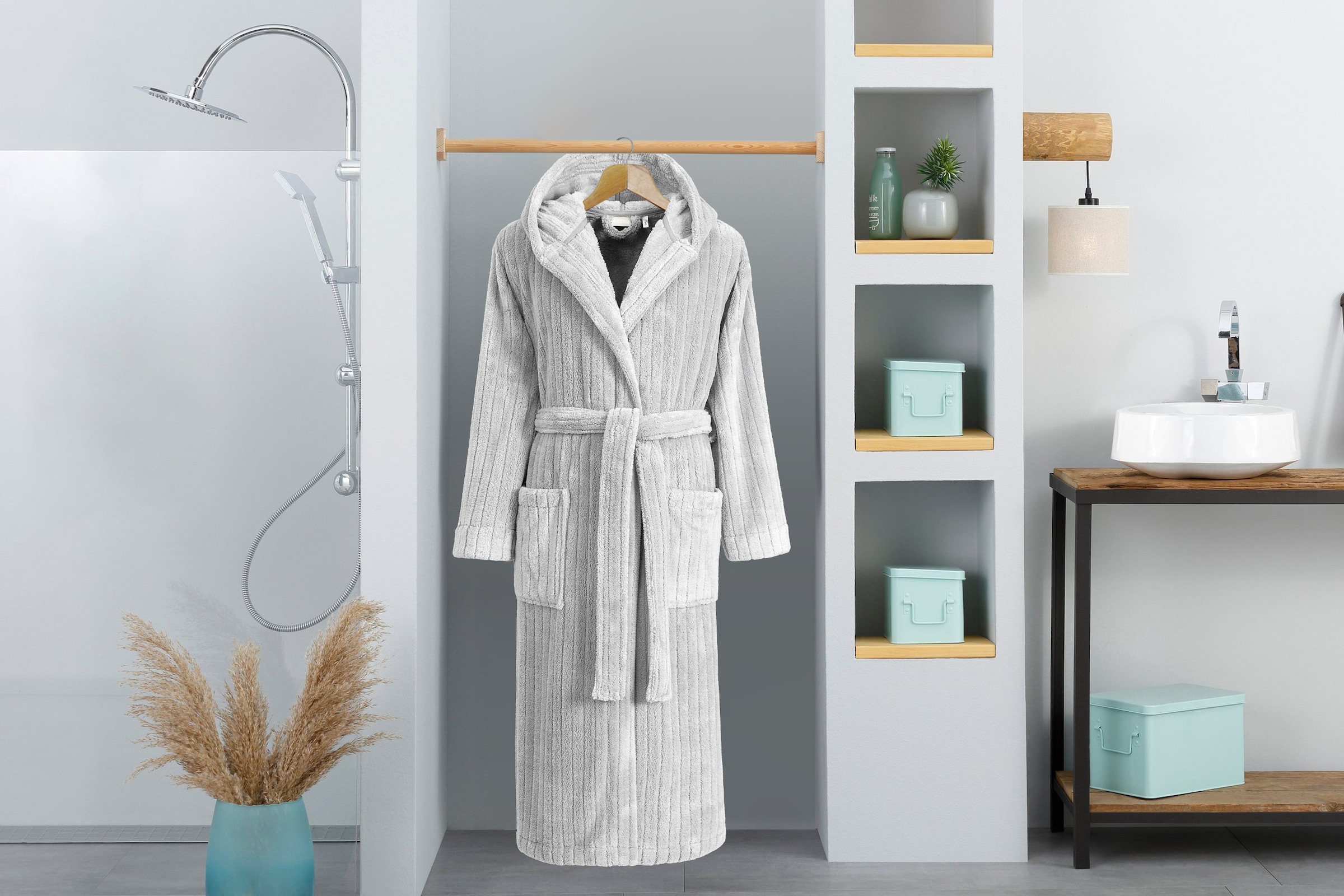 LeGer Home by Lena Gercke Peignoir de bain unisexe »Lovina gestreift, ideal für Sauna & Spa, Hotelbademantel, Morgenmantel« 1 cuis Hoch-Tief, kuschelig weicher Fleece, plüsch, Damen und Herren, XS-3XL
