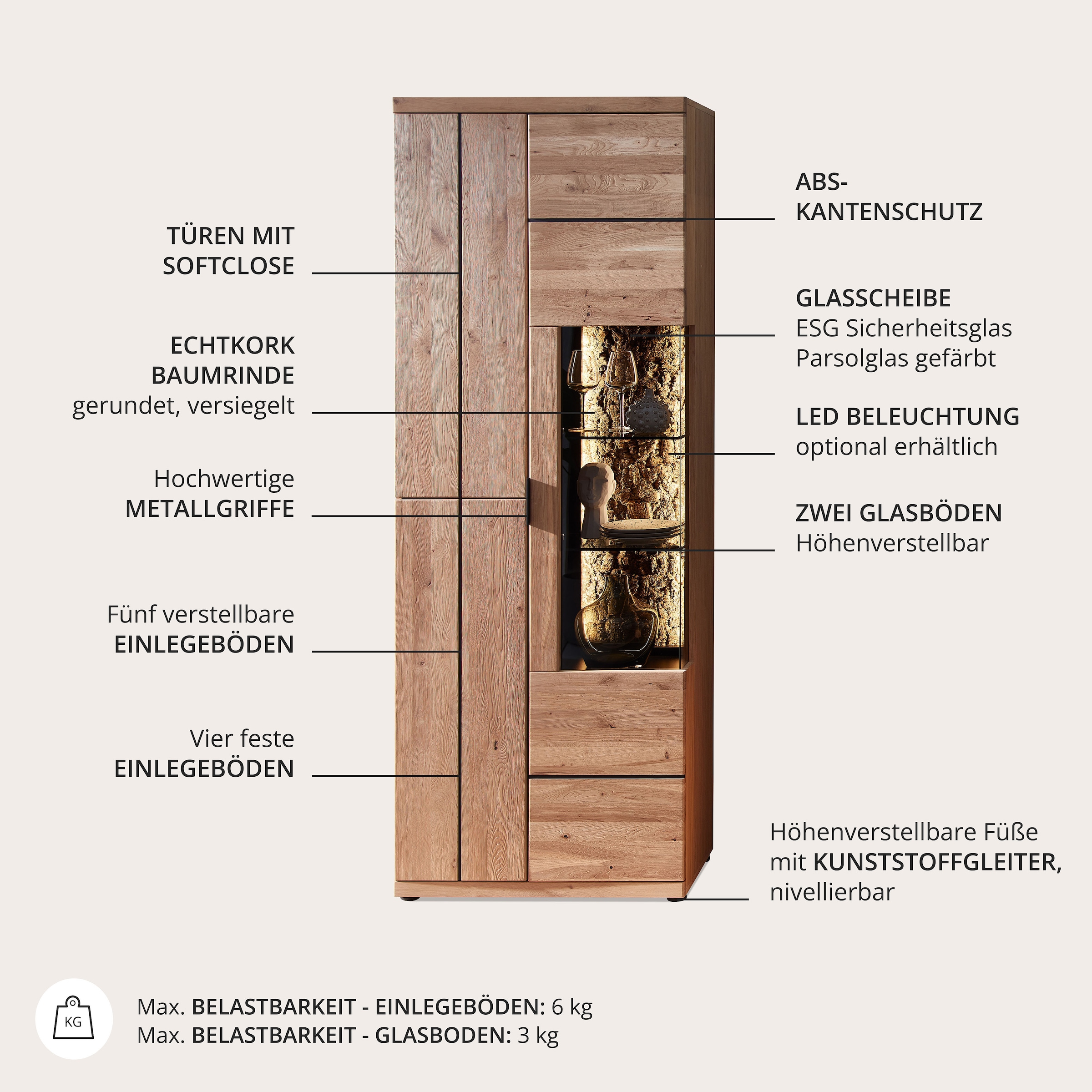 Wohnconcept Vitrine »Donna Vitrine, 75x207x42 (BxHxT)« 1 Stk. tlg. Beleuchtung  bestellbar, 3 türig, Echtkork Absetzung, L/R verwendbar
