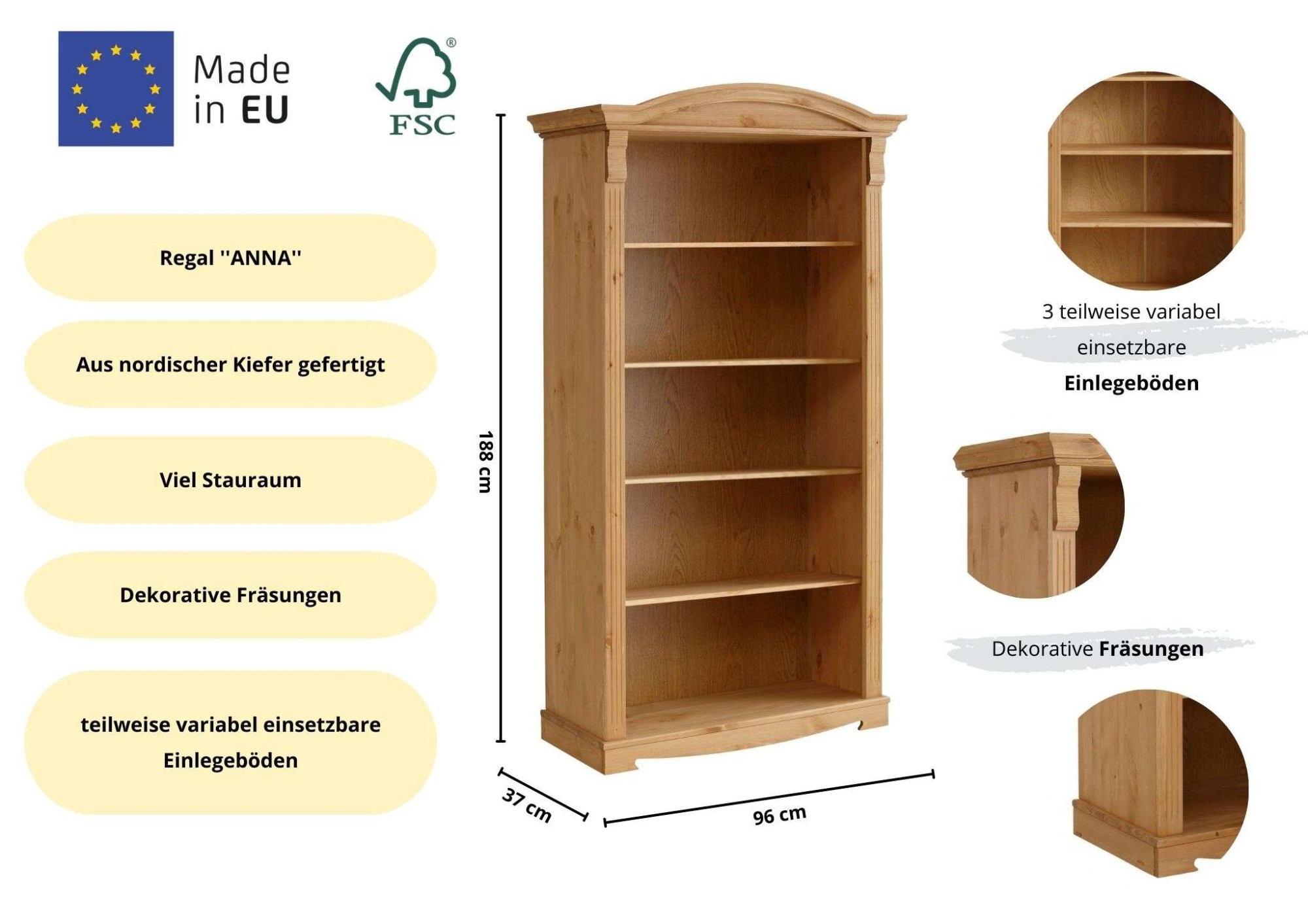 Home affaire Standregal »Anna, Regal, Aktenregal, Bücherregal«, aus massiver Kiefer, Breite 96 cm, mit schönen Details und Fräsungen