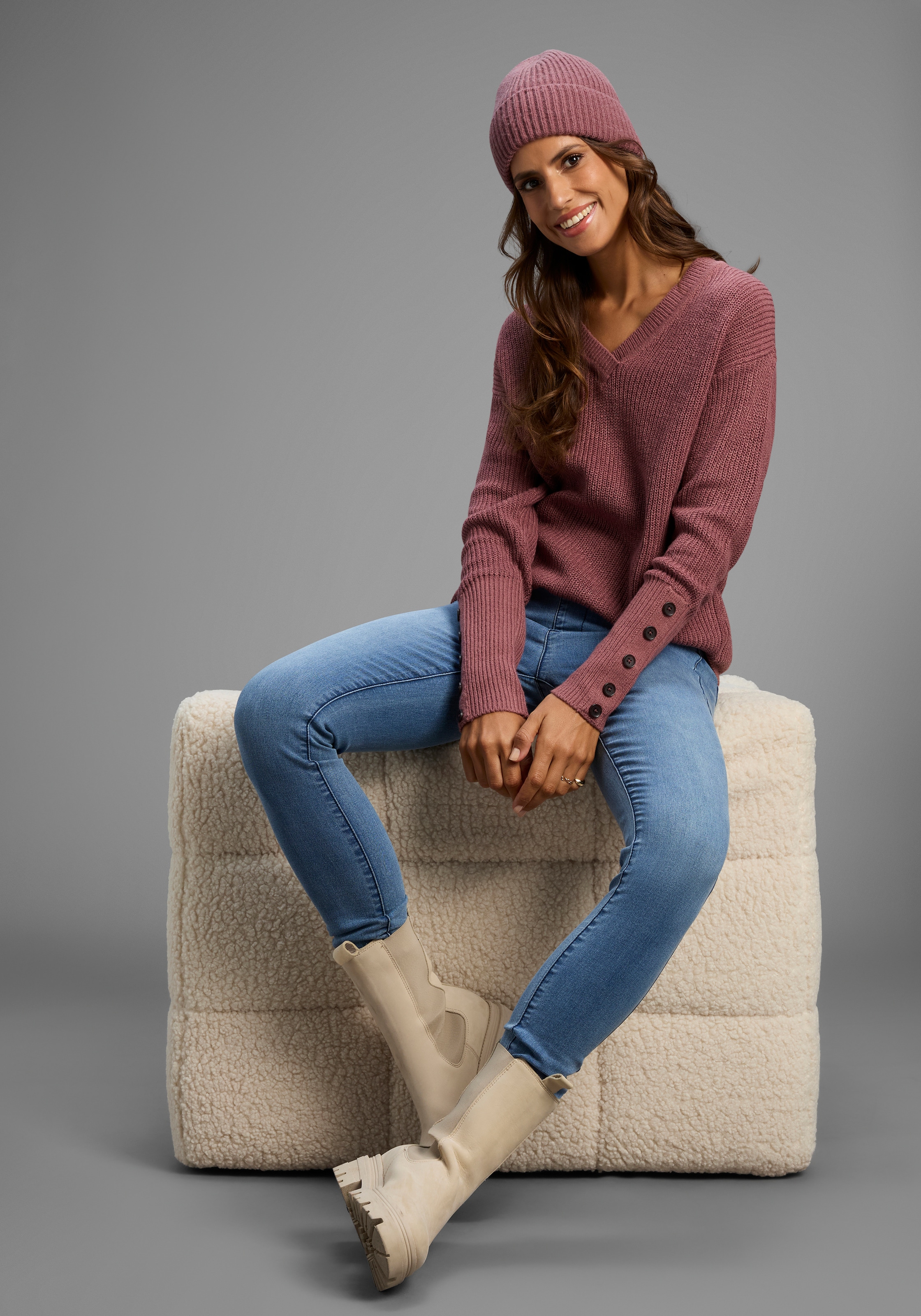 Laura Scott Pull col V Übergangspullover aus Baumwolle mit Knopfleiste - NEUE KOLLEKTION