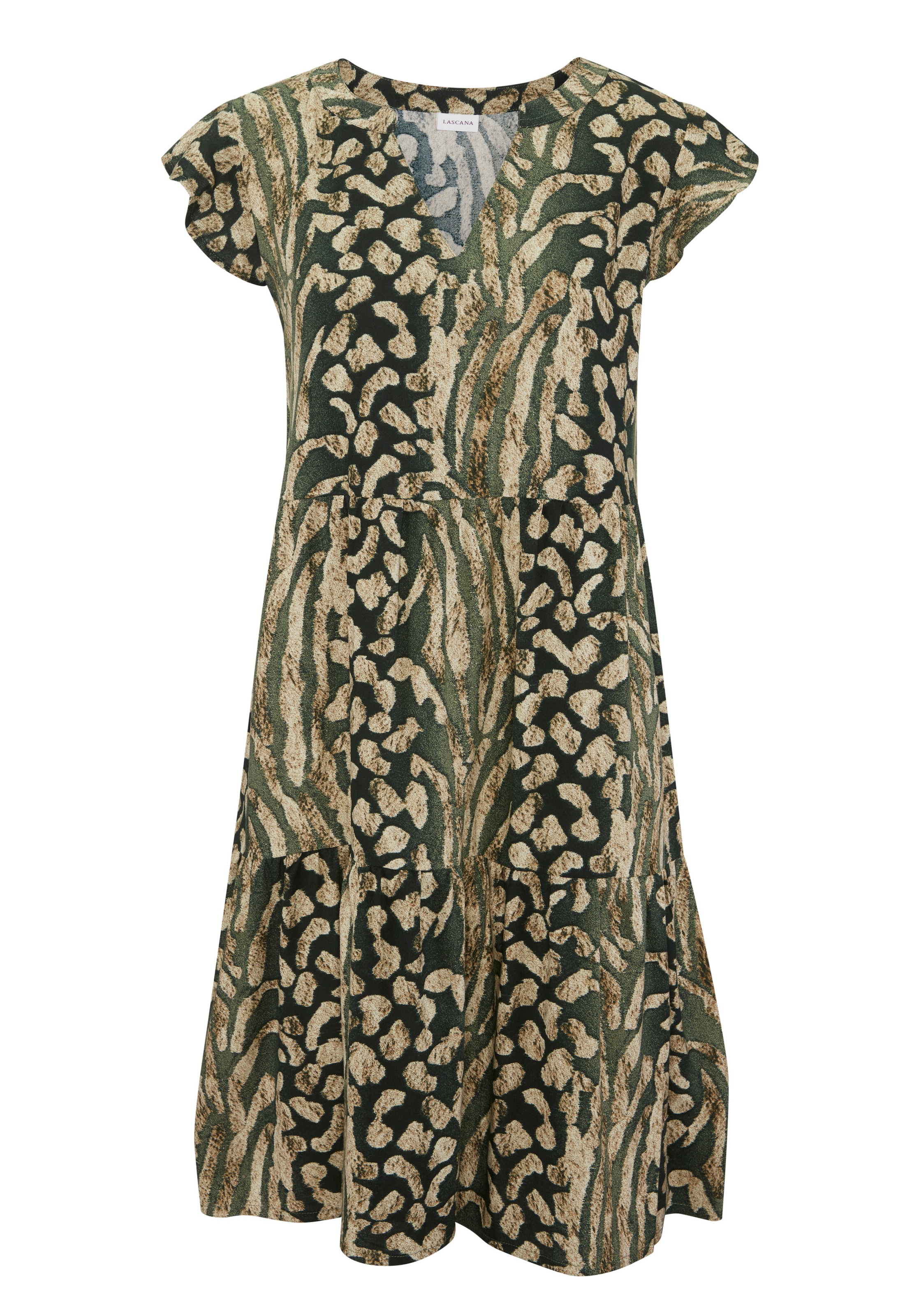 LASCANA Sommerkleid »mit Animalprint und süssen Flügelärmeln aus gewebter Viskose« Ohne Taschen Luftiges Sommerkleid, Strandkleid, Tunikakleid, Blusenkleid, Festival
