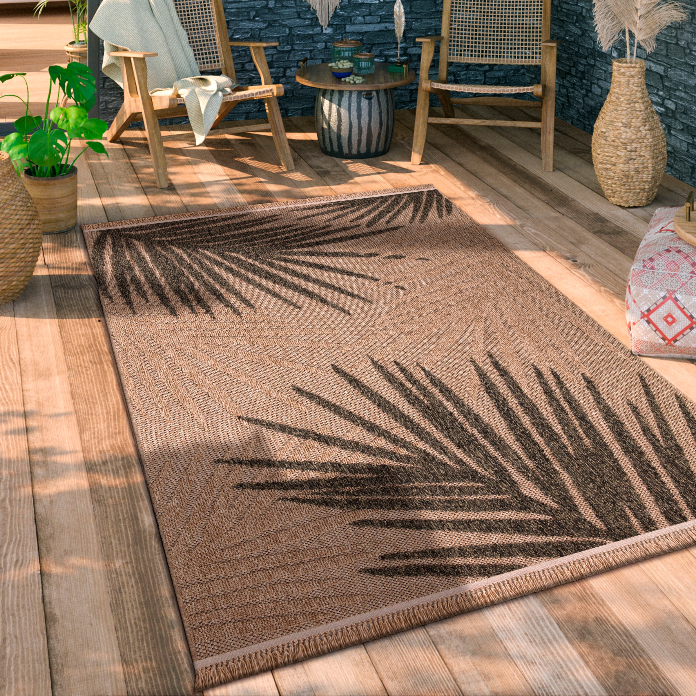 Paco Home Teppich »Cologne 491«, rechteckig, 11 mm Höhe, Flachgewebe, Blätter, Hoch-Tief Effekt, mit Fransen, Outdoor geeignet