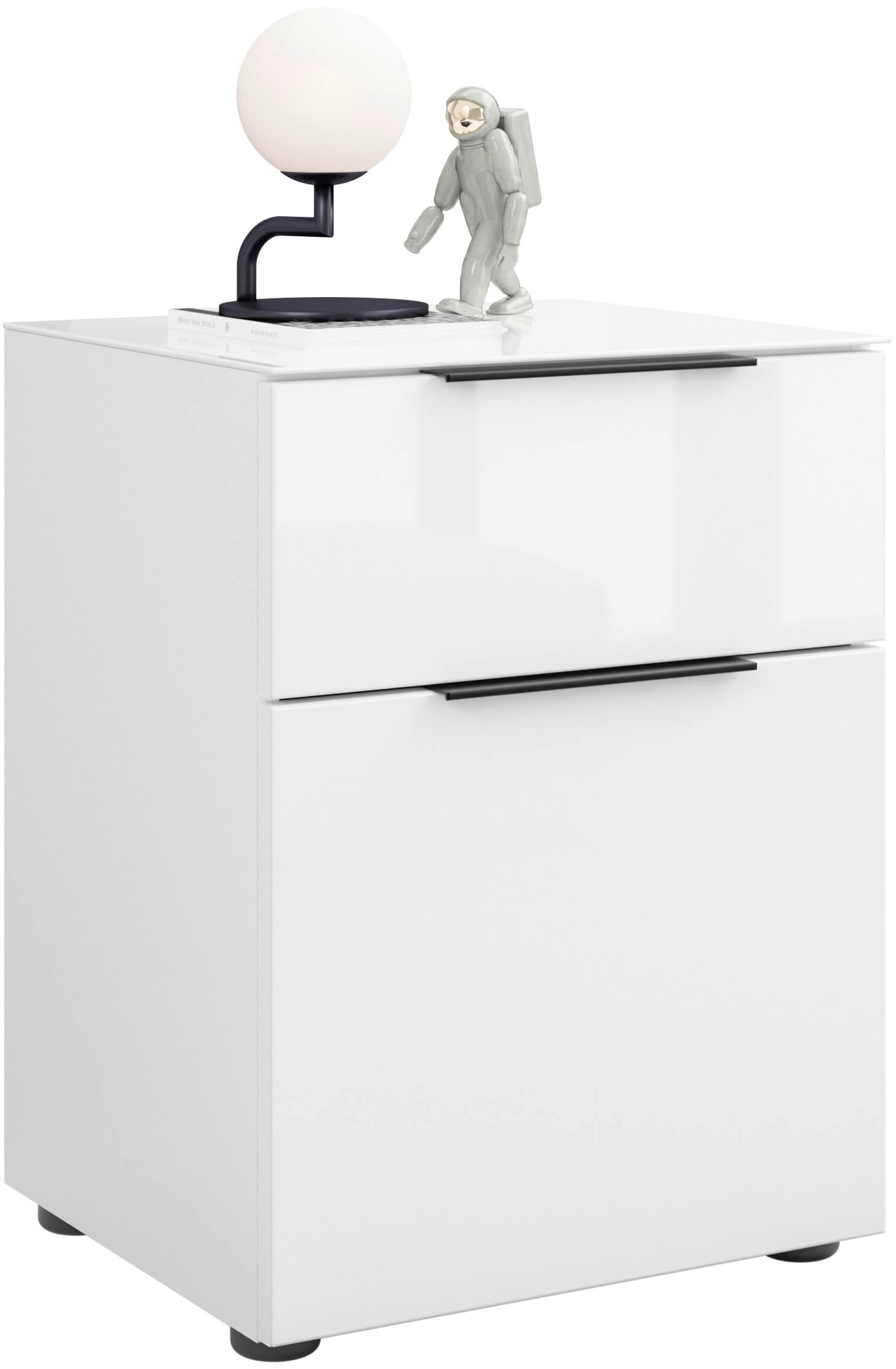 Manjana Möbel Nachtkommode »mit Chrom oder Schwarz matten Metallgriffen« mit Glasfronten, melaminbeschichtete Oberfläche, mit Vollauszug