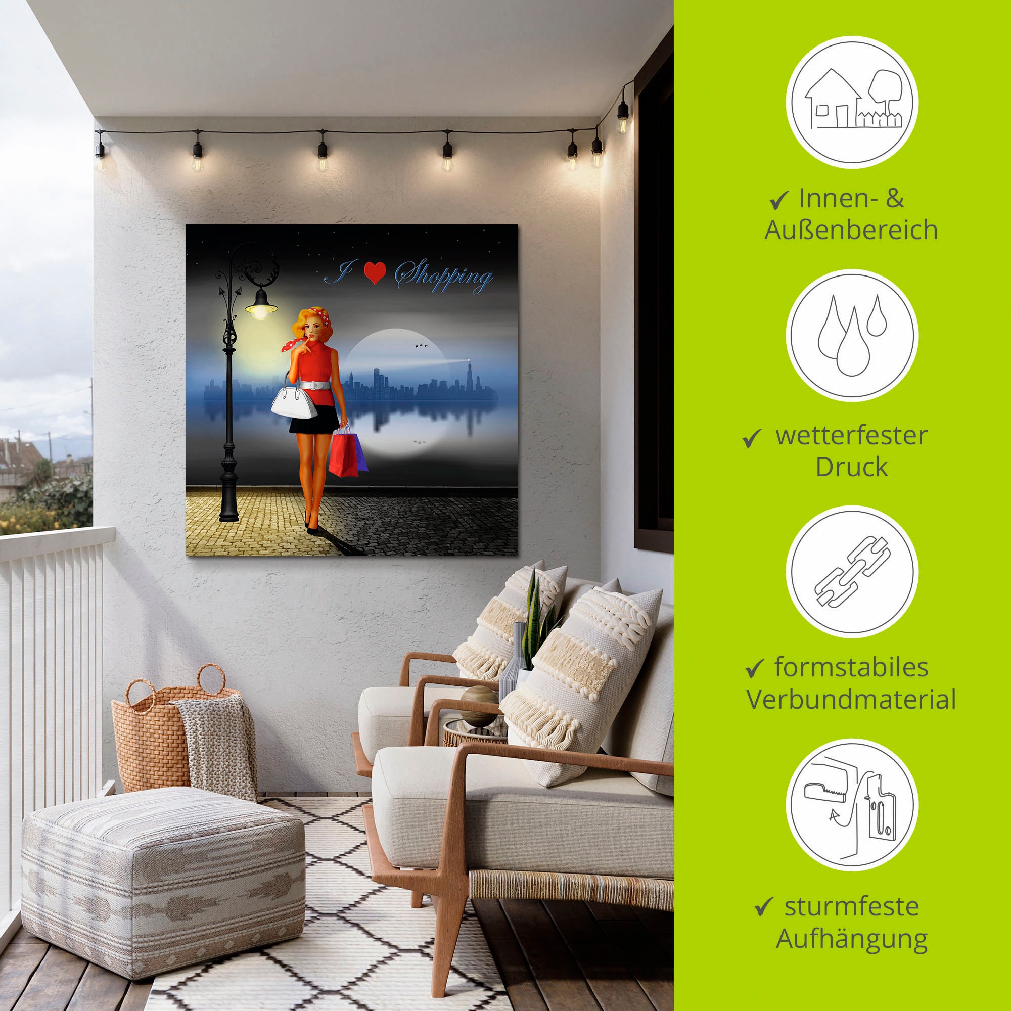 Artland Alu-Dibond-Druck »Ich liebe Einkaufen« Mode 1 Stk. tlg. für Innen- und Aussenbereich geeignet, Outdoorbild