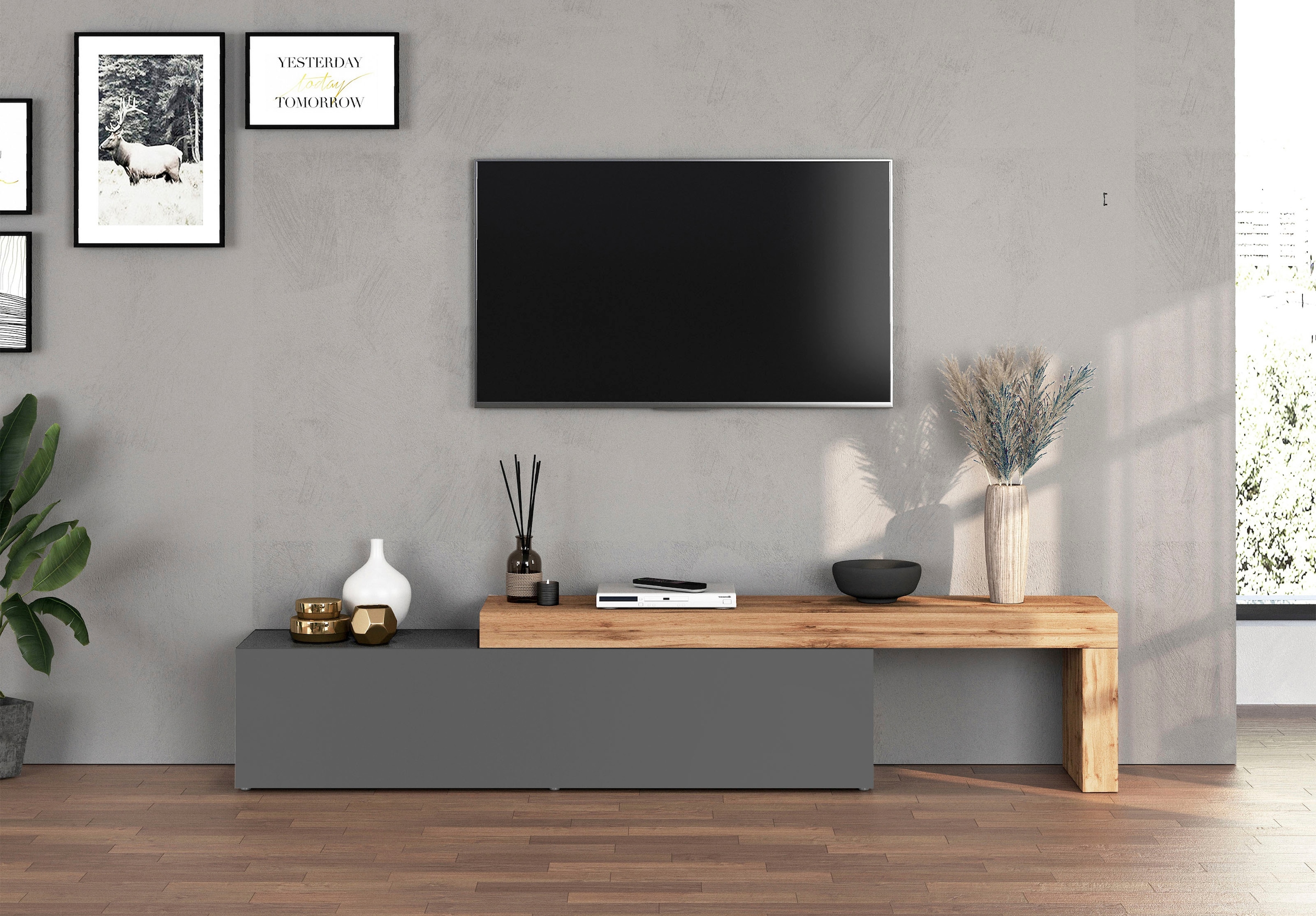 INOSIGN Table basse »Chronos TV-Board, TV-Schrank« Breite verstellbar von 190 bis 350 cm, 1 cuis tlg. Breite 270 cm TV-Board,Lowboard,1 Klappe und ein L-Förmiger Aufsatz
