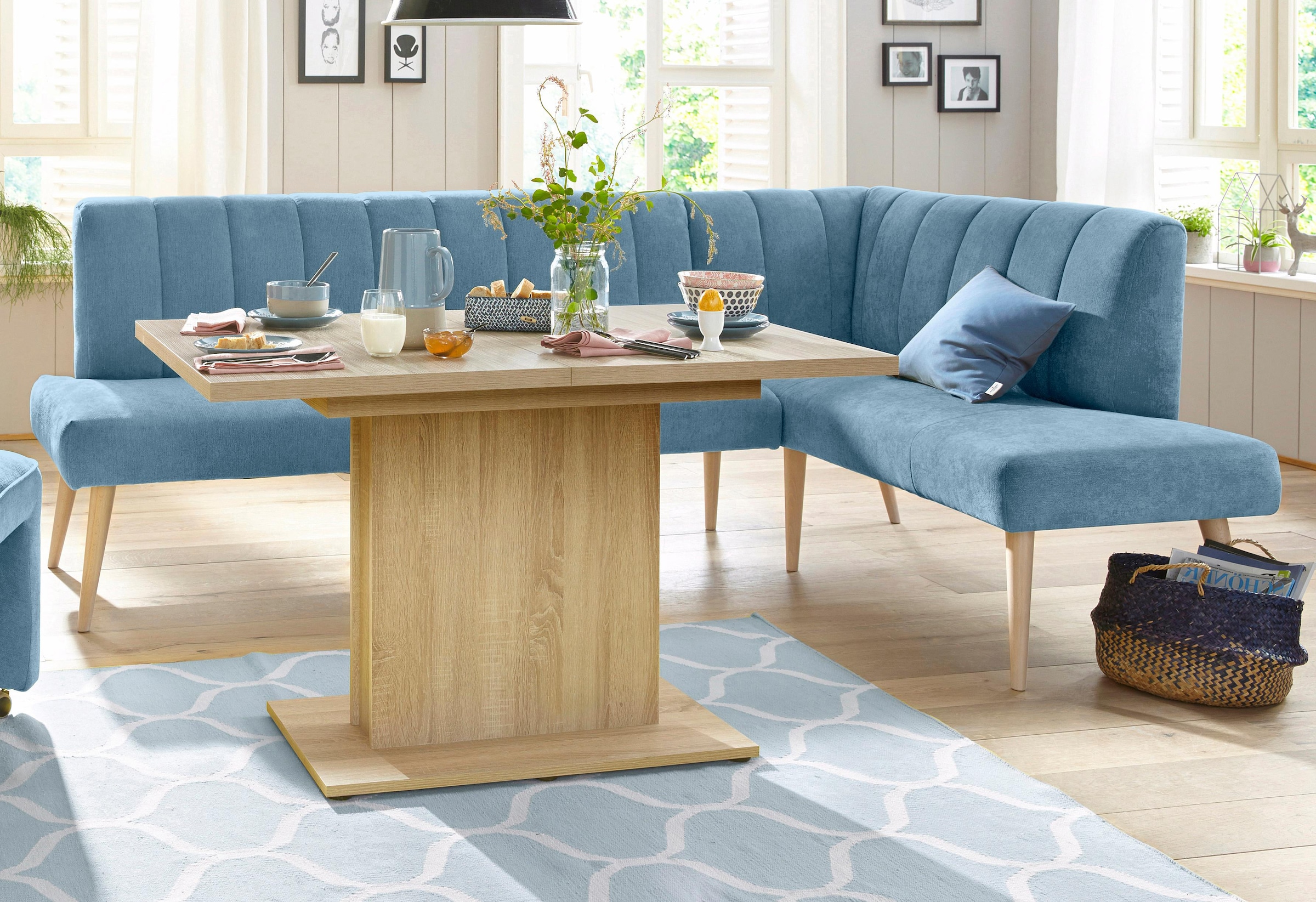 exxpo - sofa fashion Eckbank »Costa, moderne Rückensteppung, bequem und elegant, hoher Holzfuss«, hochwertig verarbeitet, Frei im Raum stellbar