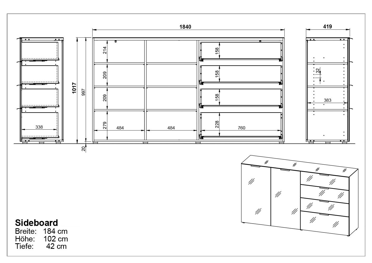 GERMANIA Sideboard »Oakland«, in 2 Breiten, Fronten und Oberboden mit Glasauflage