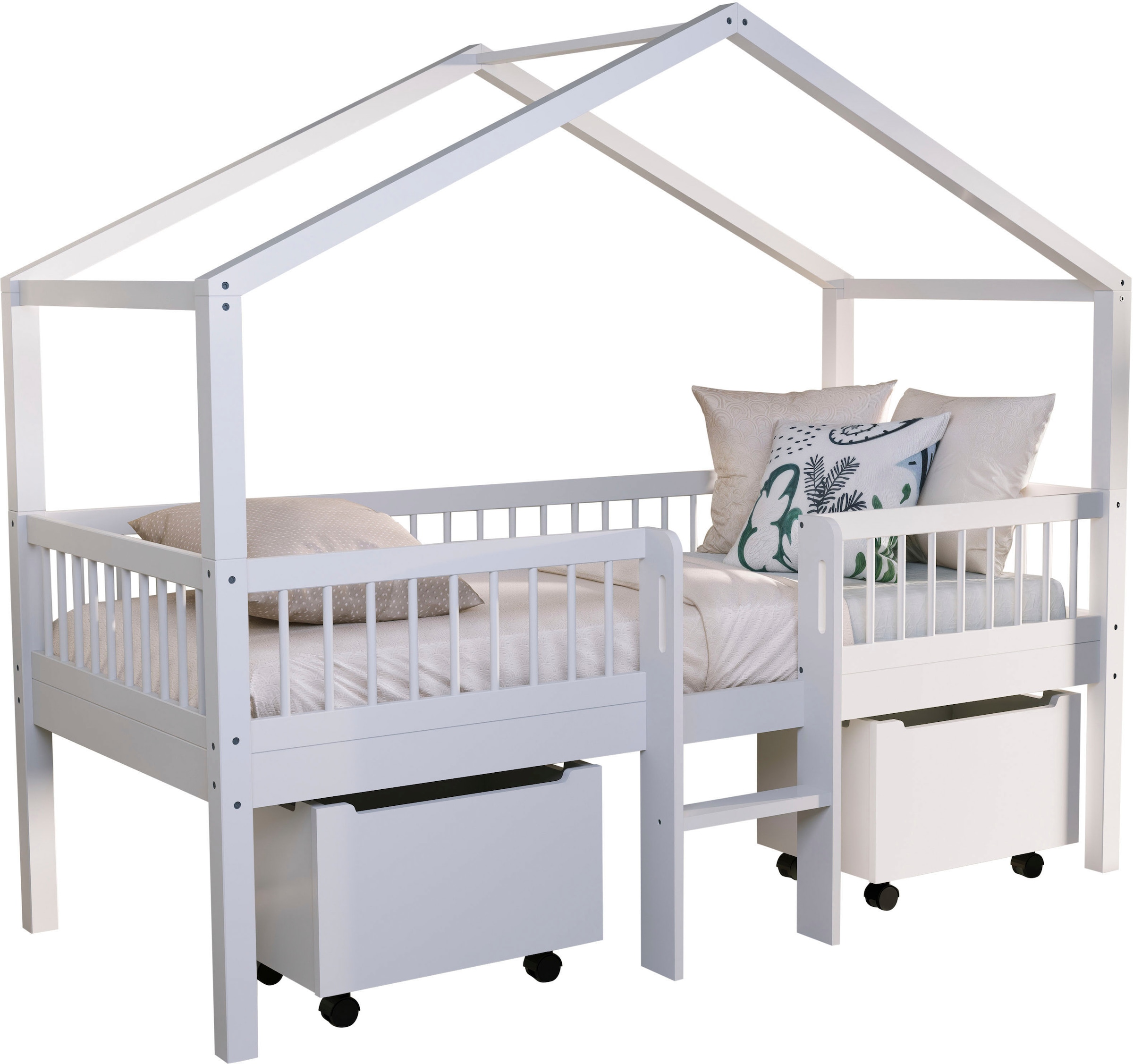 Image of Vipack Hausbett "Inkl. Dachaufbau, Leiter und Rolllattenrost, Made in Europe" wahlweise mit und ohne dekorativem Textilhimmel erhältlich, hochwertig und stabil bebaut, Buche massiv weiss lackiert