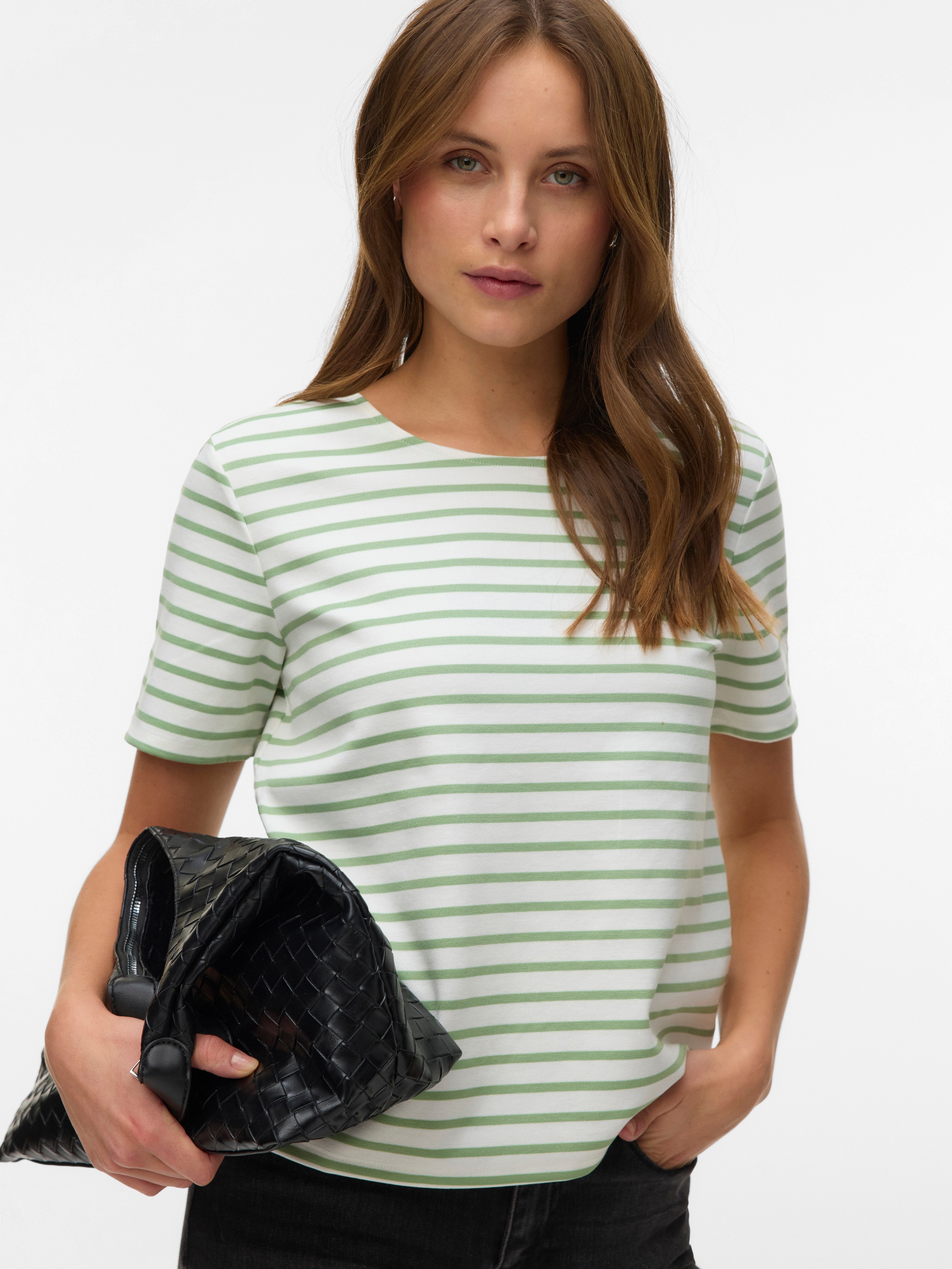 Image of Vero Moda Rundhalsshirt "VMABBY SS ZIP TOP JRS NOOS" Materialmix, regular fit