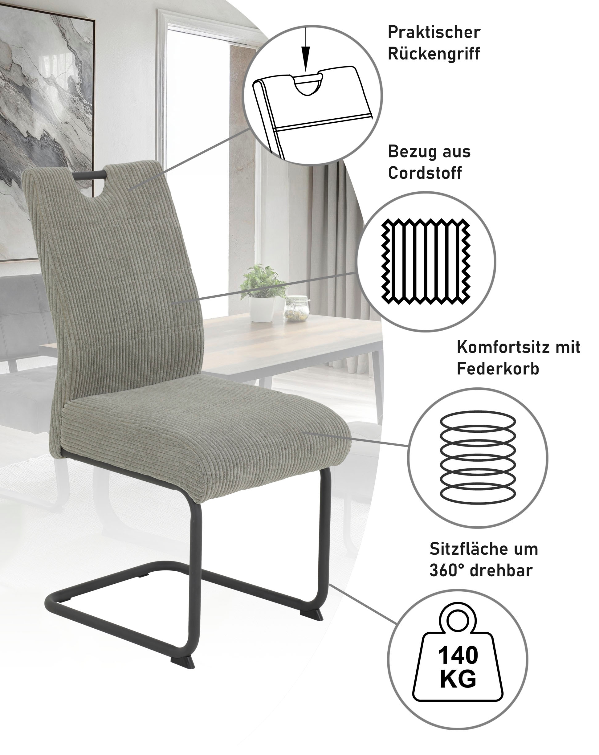 HELA Chaise cantilever »MERKUR XL« (Ensemble) 2 cuisRessort, capacité de charge 140 Kg, revêtement en velours côtelé, lot de 2 & 4