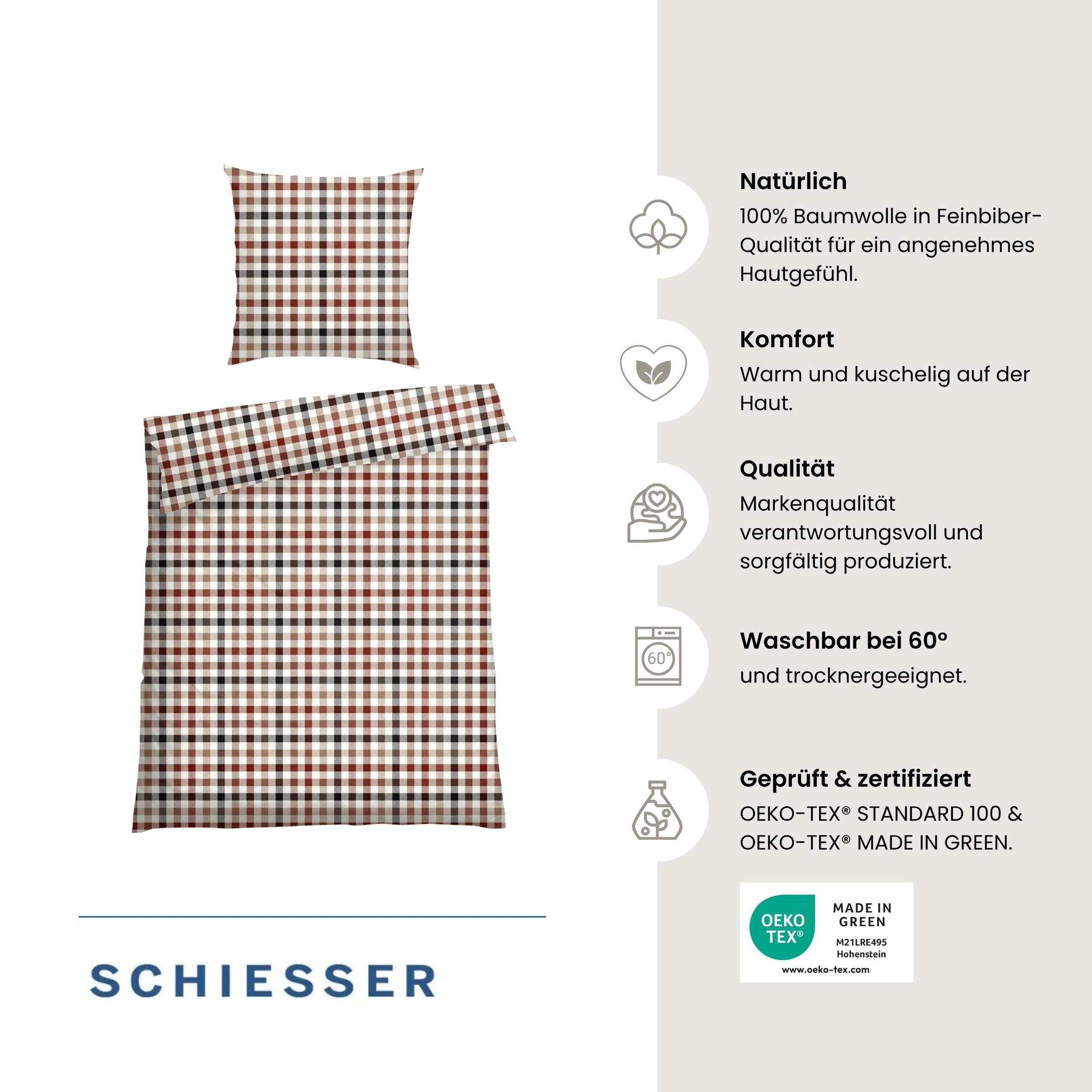 Schiesser Linge de lit »James aus weichem Baumwoll-Feinbiber mit traditionellen Karos« 2 cuis Made in Green