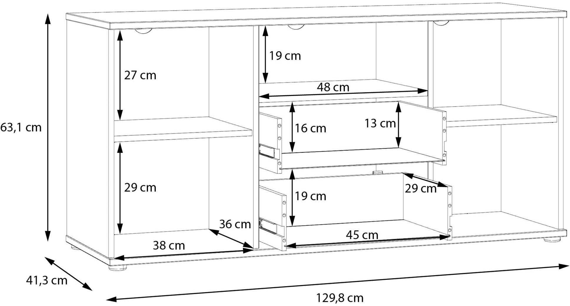 FORTE Lowboard »Ganymede« Breite 129,8cm,  TV Board, Stauraum, Schublade; Metallgriffe, Kabelführung