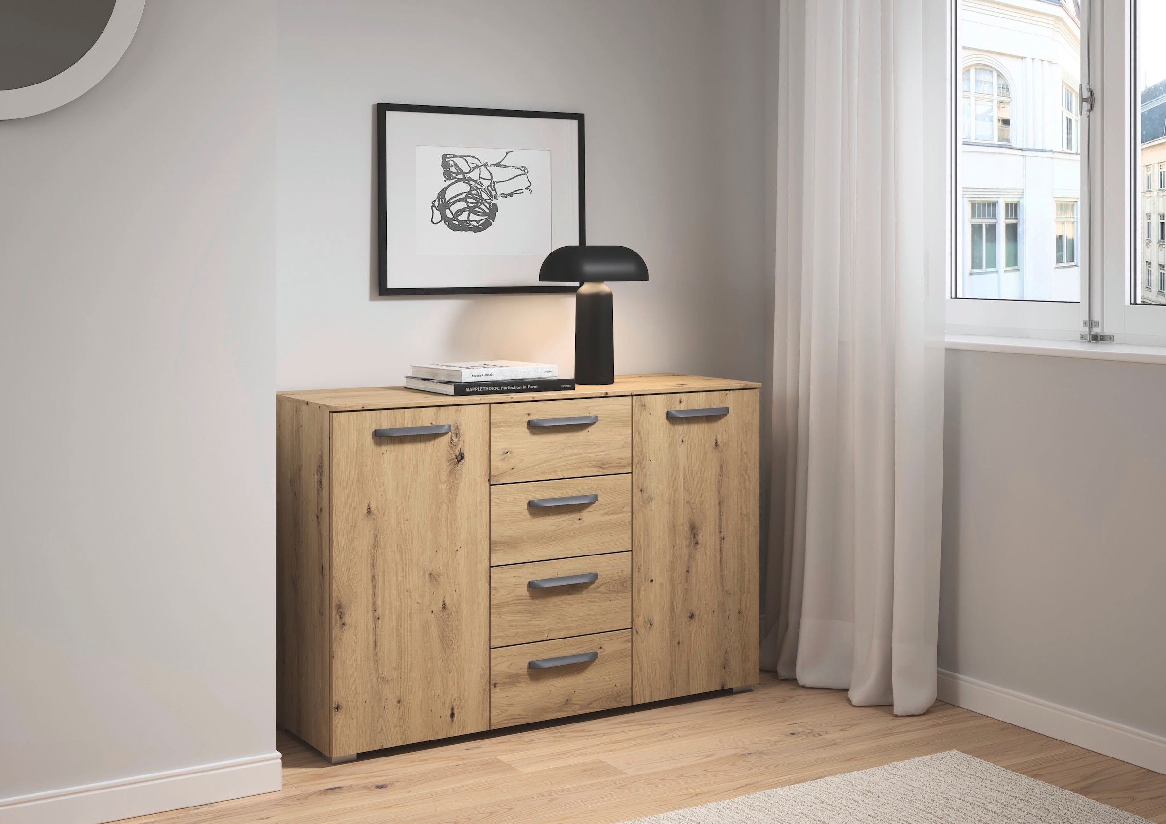 GOODproduct Commode combinée »Kommode Sideboard Schubladenkommode Schlafzimmerkommode OTELI« Largeur 120 cm avec fonction SOFT-CLOSE, façade décorative moderne,  quatre grands tiroirs et 2 portes, avec 4 étagères MADE IN GERMANY