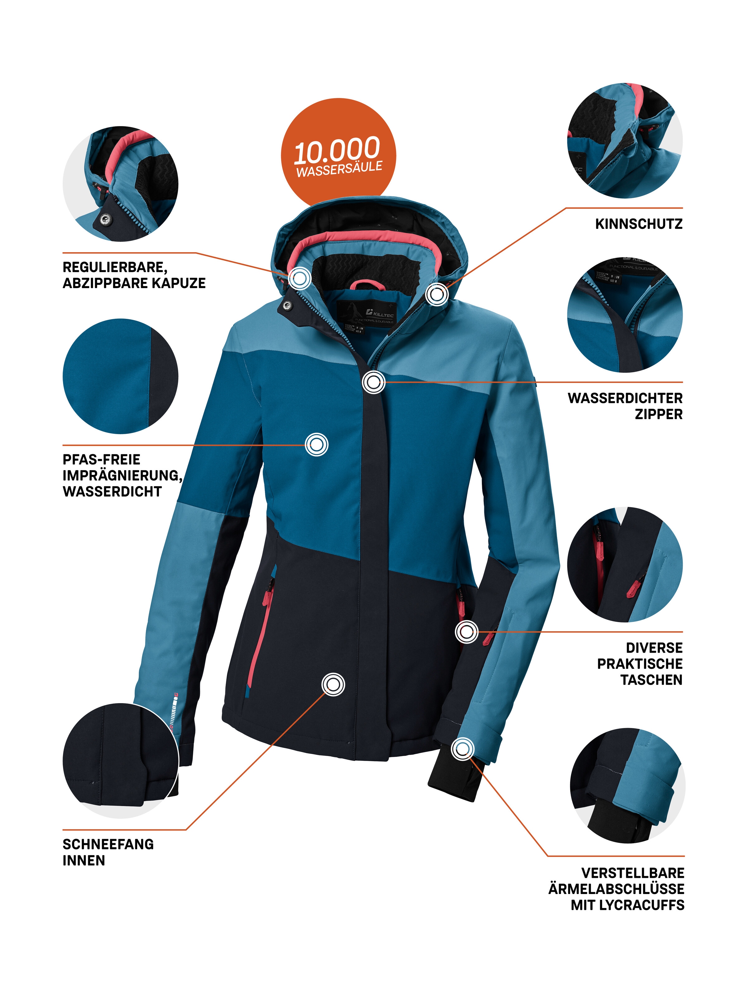 Killtec Veste de ski »KSW 67 WMN SKI JCKT« Damen Skijacke: wasserdicht, atmungsaktiv, abnehmbare Kapuze