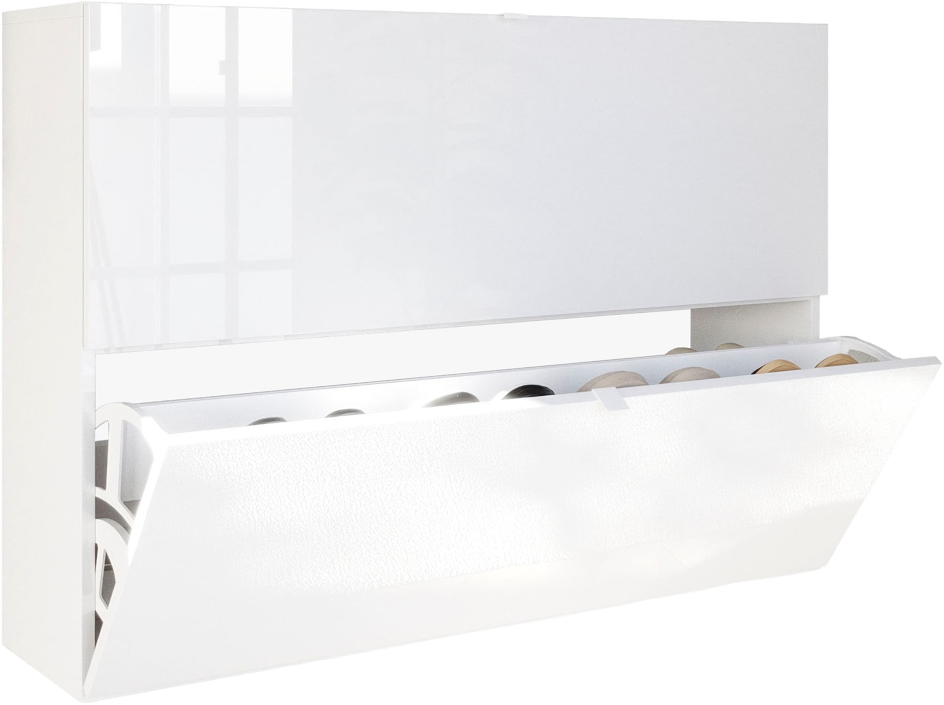 INOSIGN Schuhschrank »SMILE Breite 104 cm, 2 Klappen, komplett Weiss Hochglanz lackiert,«, Schuhkipper hängend o. stehend montierbar, 4 Fächer, Metallgriffe