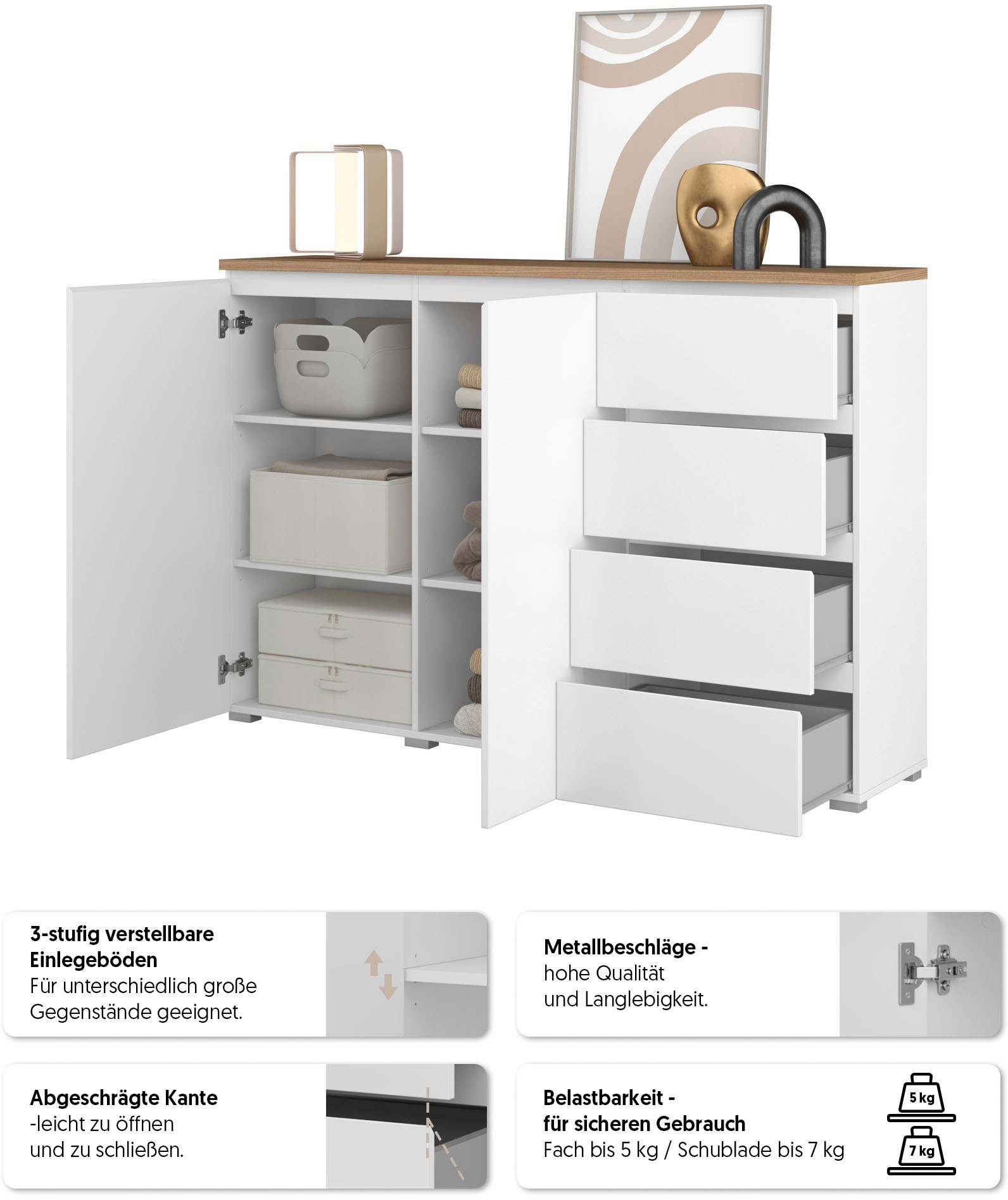 INOSIGN Highboard »Modo, Breite 150 cm, moderne grifflose Kommode 2Türen/4 SK«, Schubladenkommode mit viel Stauraum, Einlegeböden verstellbar