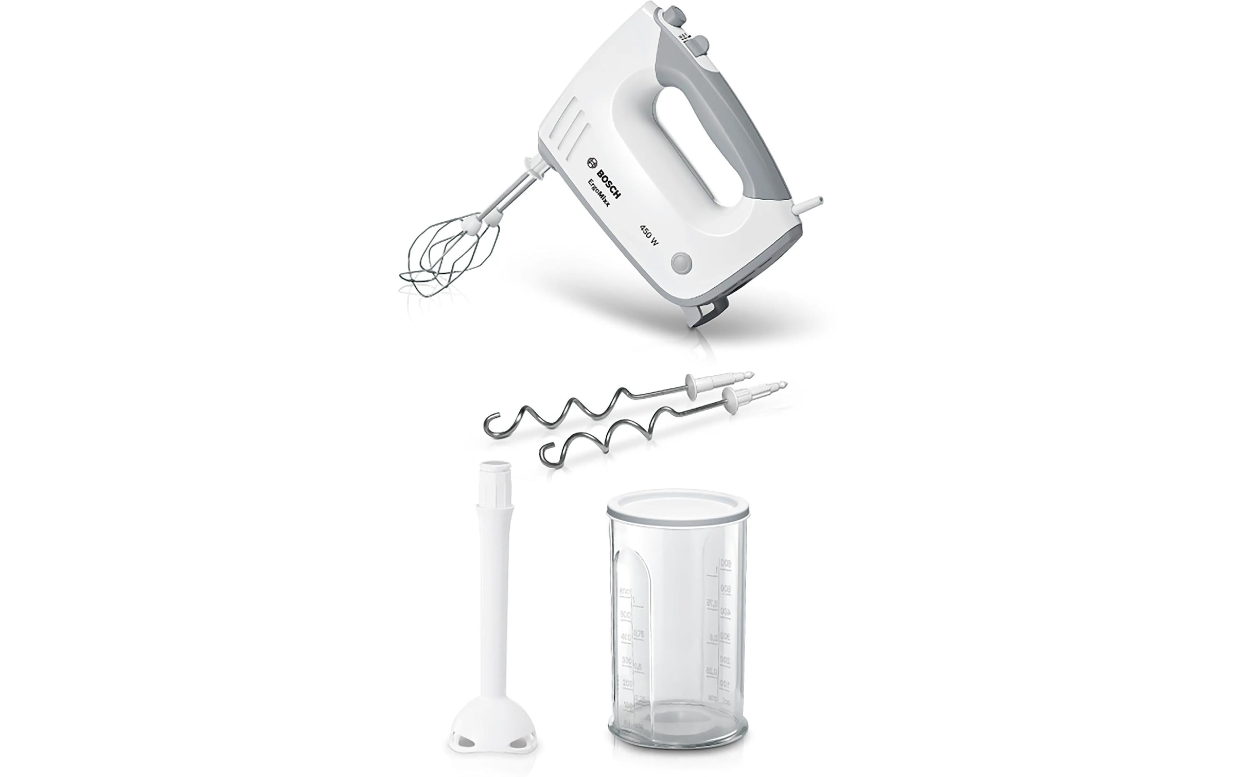 BOSCH Handmixer »ErgoMixx MFQ36440, Edelst. Rührbesen/Knethaken, 5 Stufen, Mixfuss, weiss« 450 W Mixbecher, ergonom. Soft-Touch-Griff, Made in Europe