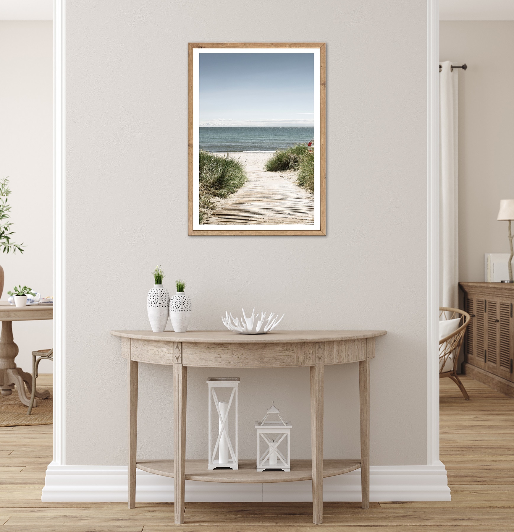 Bönninghoff Bild mit Rahmen »Wandbild gerahmt STRANDWEG 50x70 cm – Holzsteg zum Meer im Scandi Stil« Düne | Gräser | Küste | Landschaft | Meer | Natur | Strand 1 Stk. tlg. mit dekorativem Rahmen
