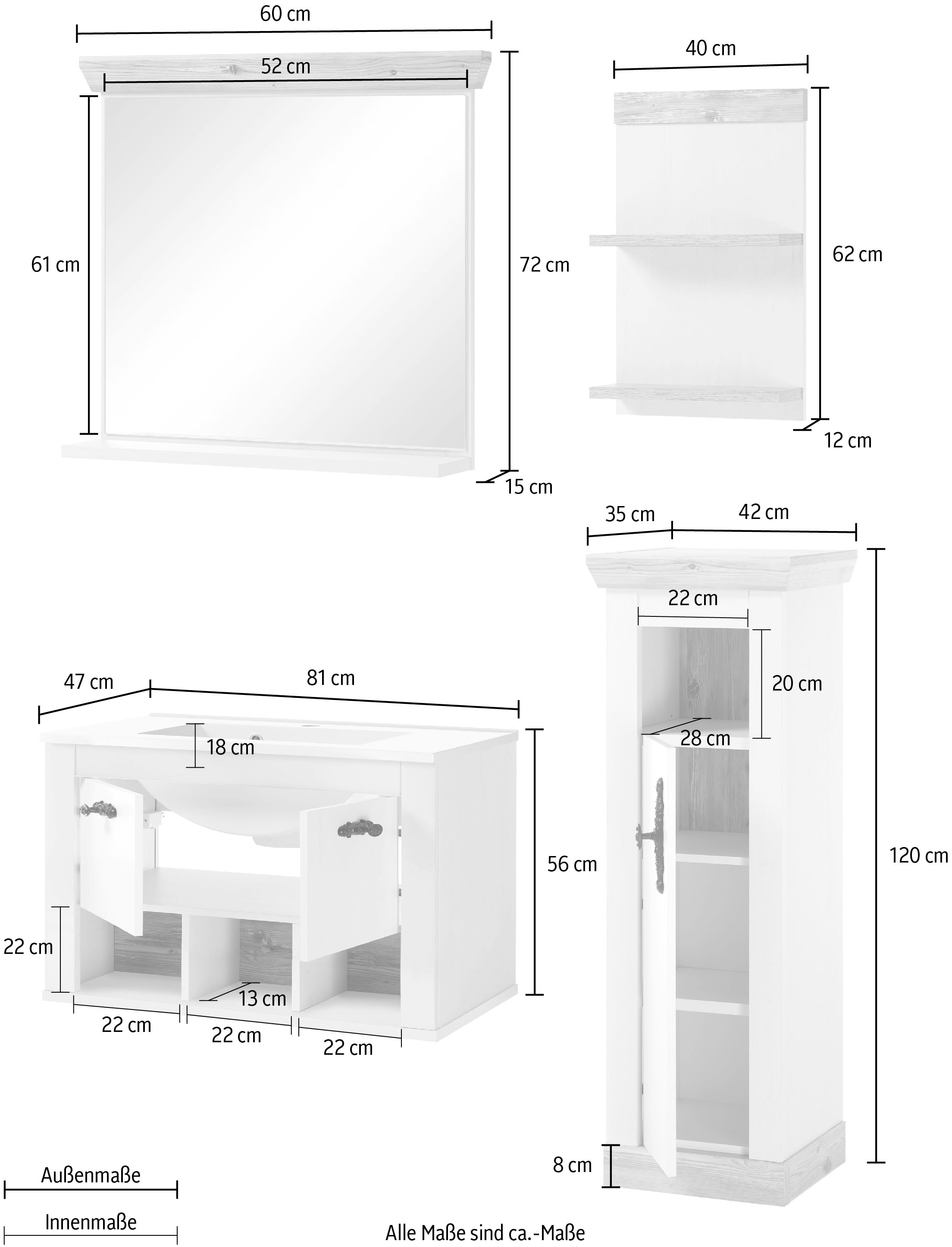 Home affaire Badmöbel-Set »Florenz, Bad im Landhausstil, 4-teiliges Badezimmer«, (4 St.), Hänge-Waschtisch, Schrank, Wandboard und Spiegel, in Pinie Weiss