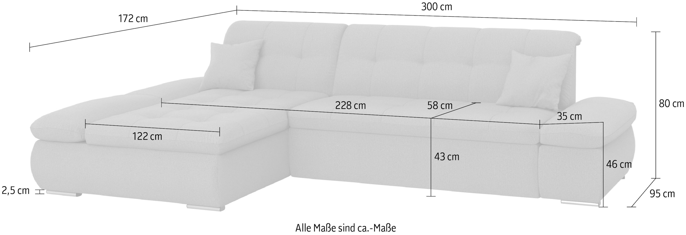 DOMO collection Ecksofa »Moric B/T/H 300/172/80 cm, auch in Cord, L-Form«, XXL-Format, wahlweise auch mit Bettfunktion und Armverstellung