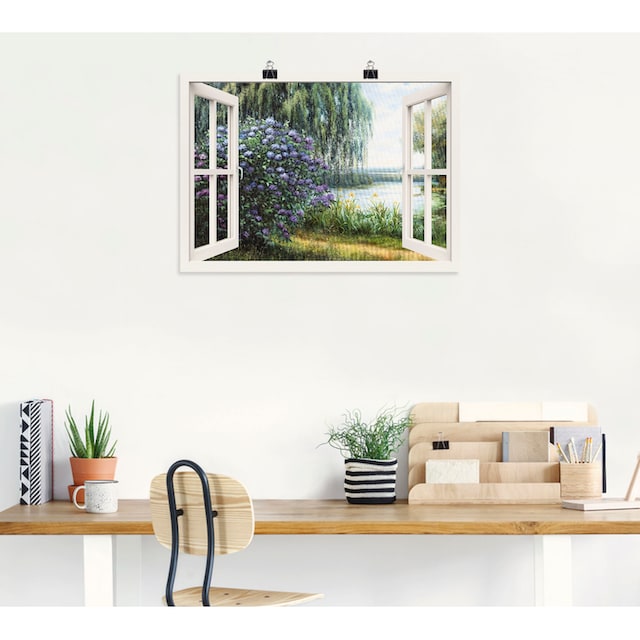 Artland Wandbild »Hortensien am See«, Fensterblick, (1 St.), als  Leinwandbild, Wandaufkleber oder Poster in versch. Grössen kaufen